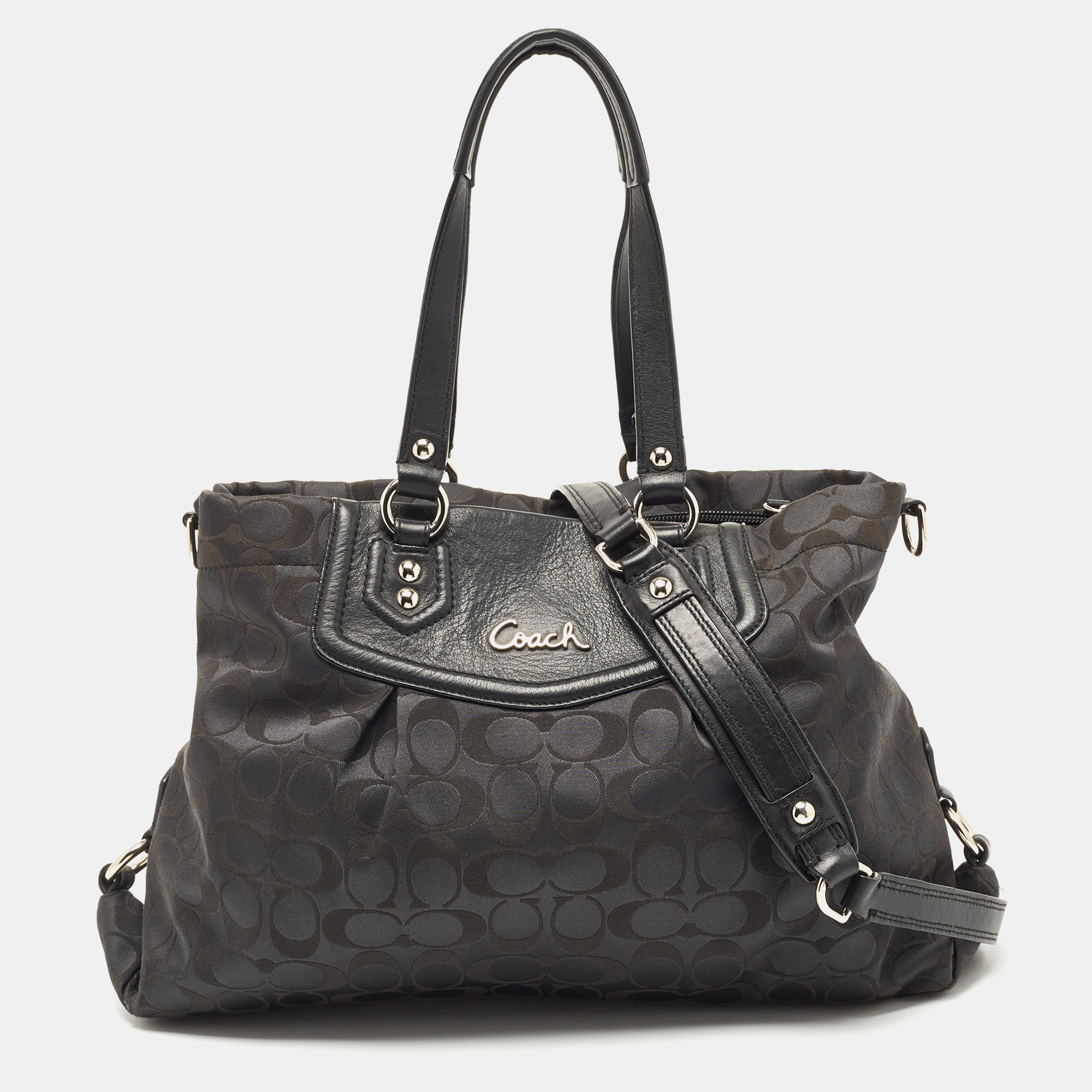 Pre-owned Coach Black Signature Fabric And Leather Ashley Shoulder Bag