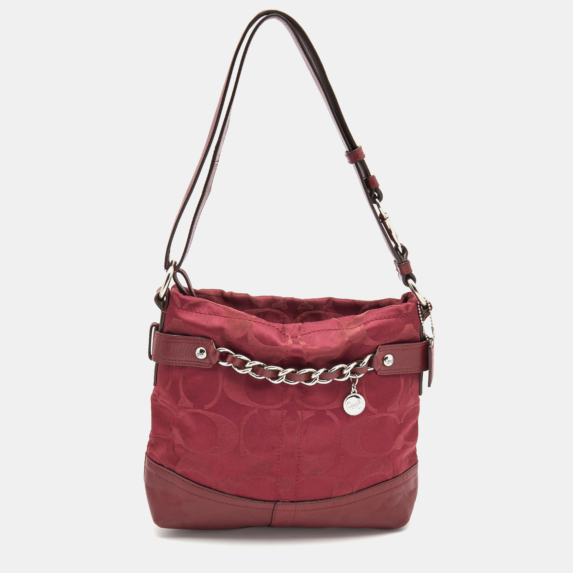 

Coach Burgundy Signature Satin and Leather Chain Detail Hobo