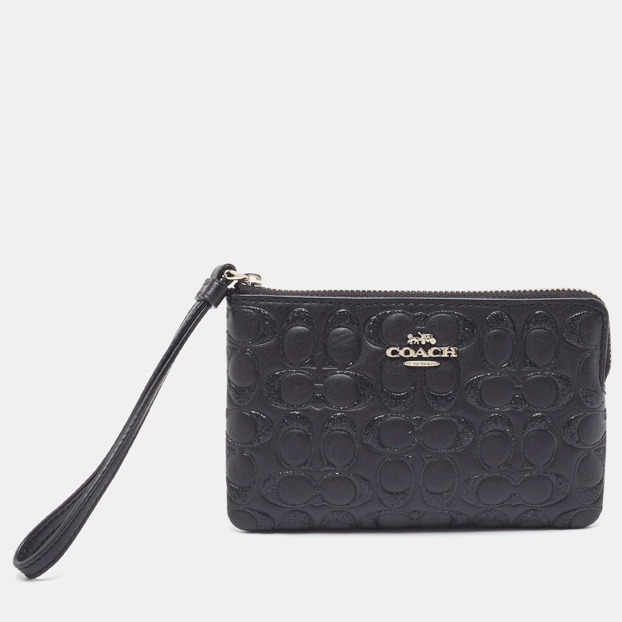 Pre-owned Coach Black Signature Glitter Embossed Leather Boxed Wristlet Clutch