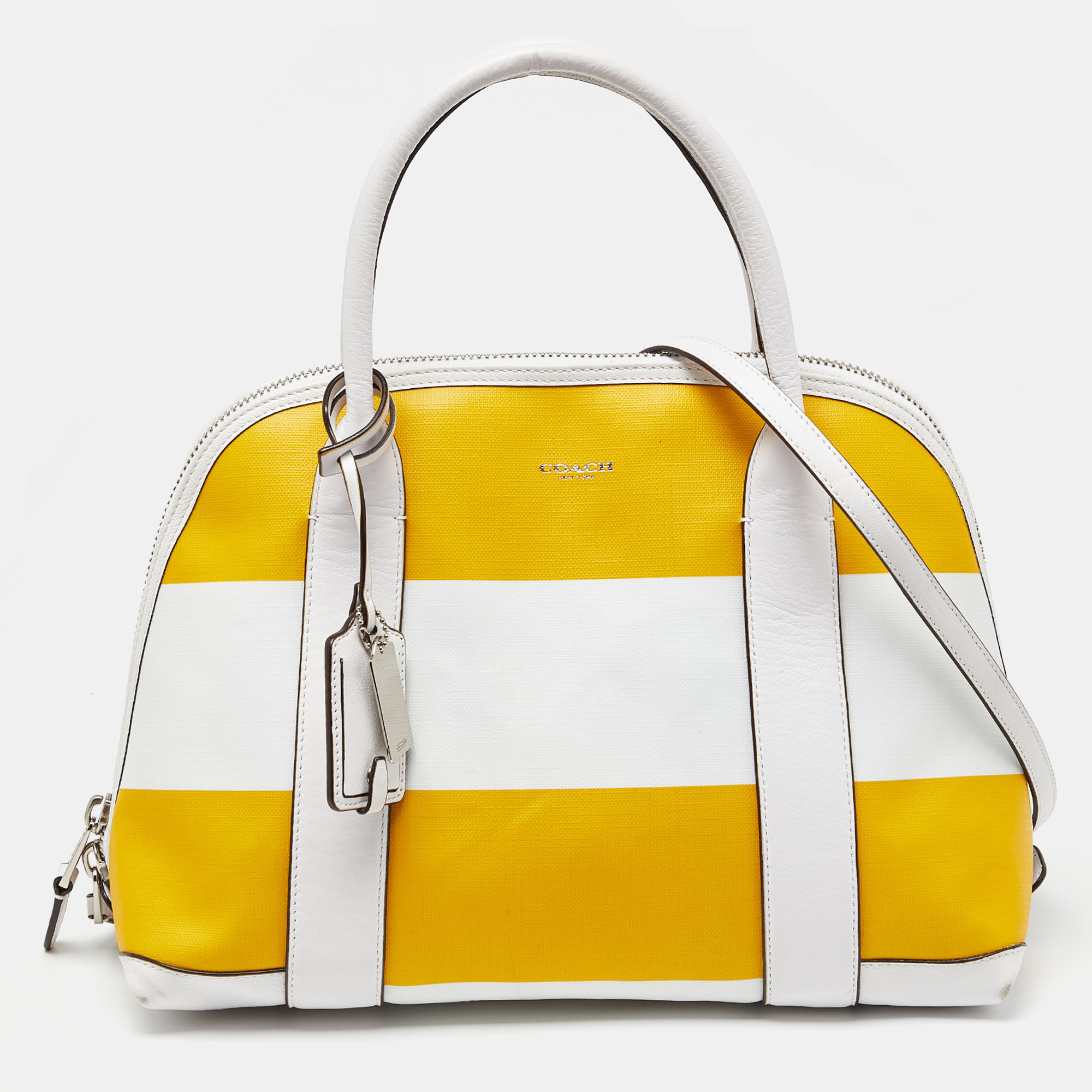 Pre-owned Coach Yellow/white Striped Coated Canvas And Leather Satchel