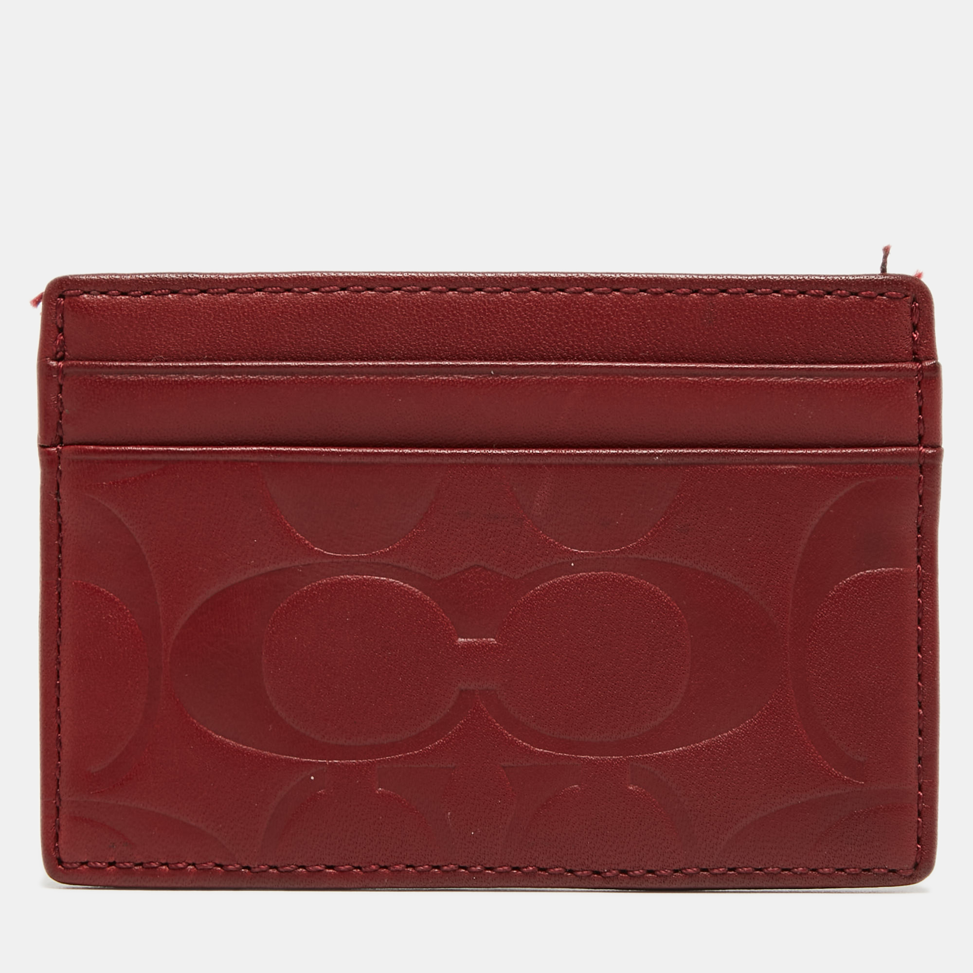 Pre-owned Coach Red Logo Embossed Leather Card Holder