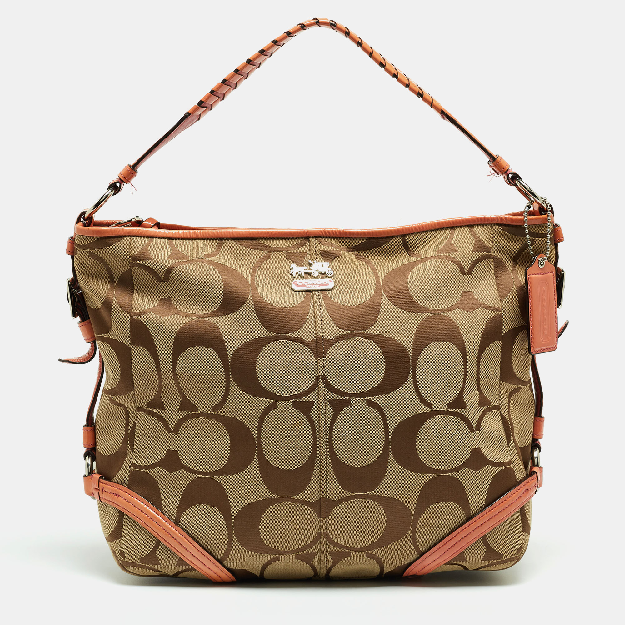 Pre-owned Coach Beige/orange Signature Canvas And Patent Leather Katarina Hobo