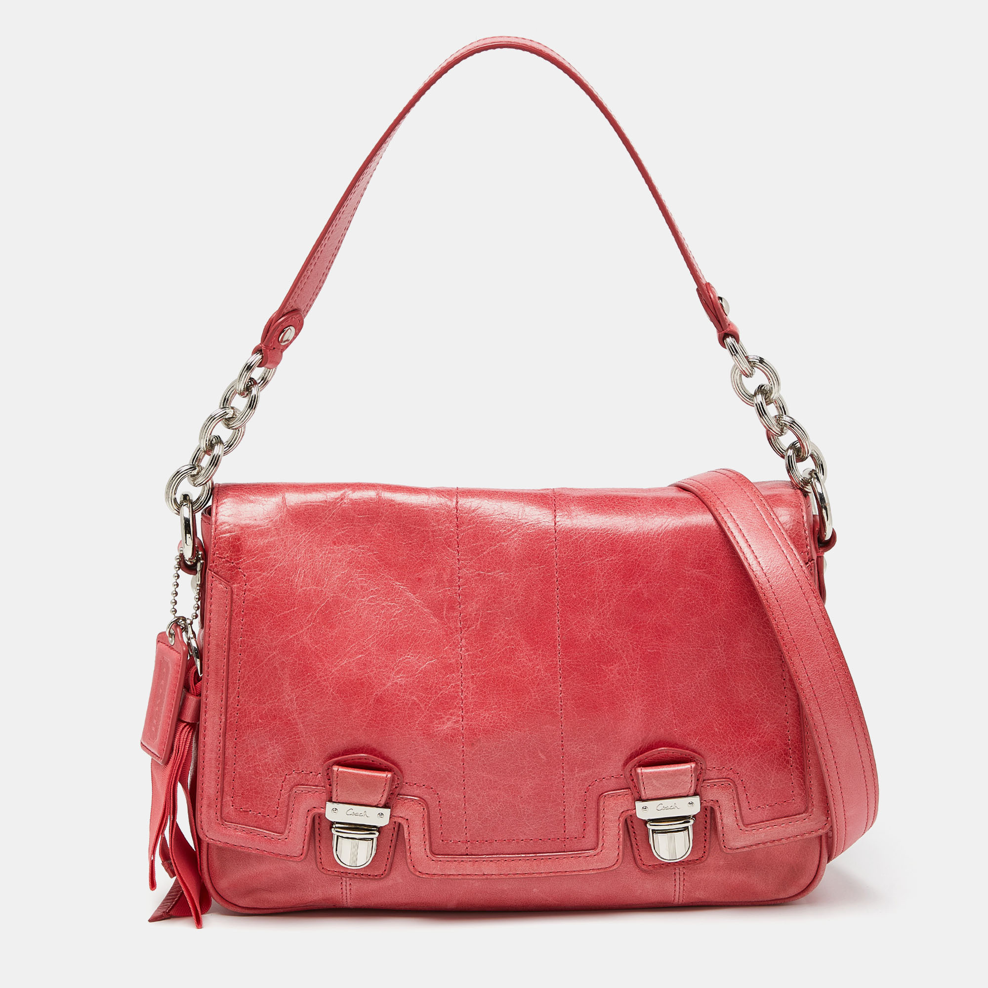 Pre-owned Coach Coral Pink Leather Poppy Flap Shoulder Bag