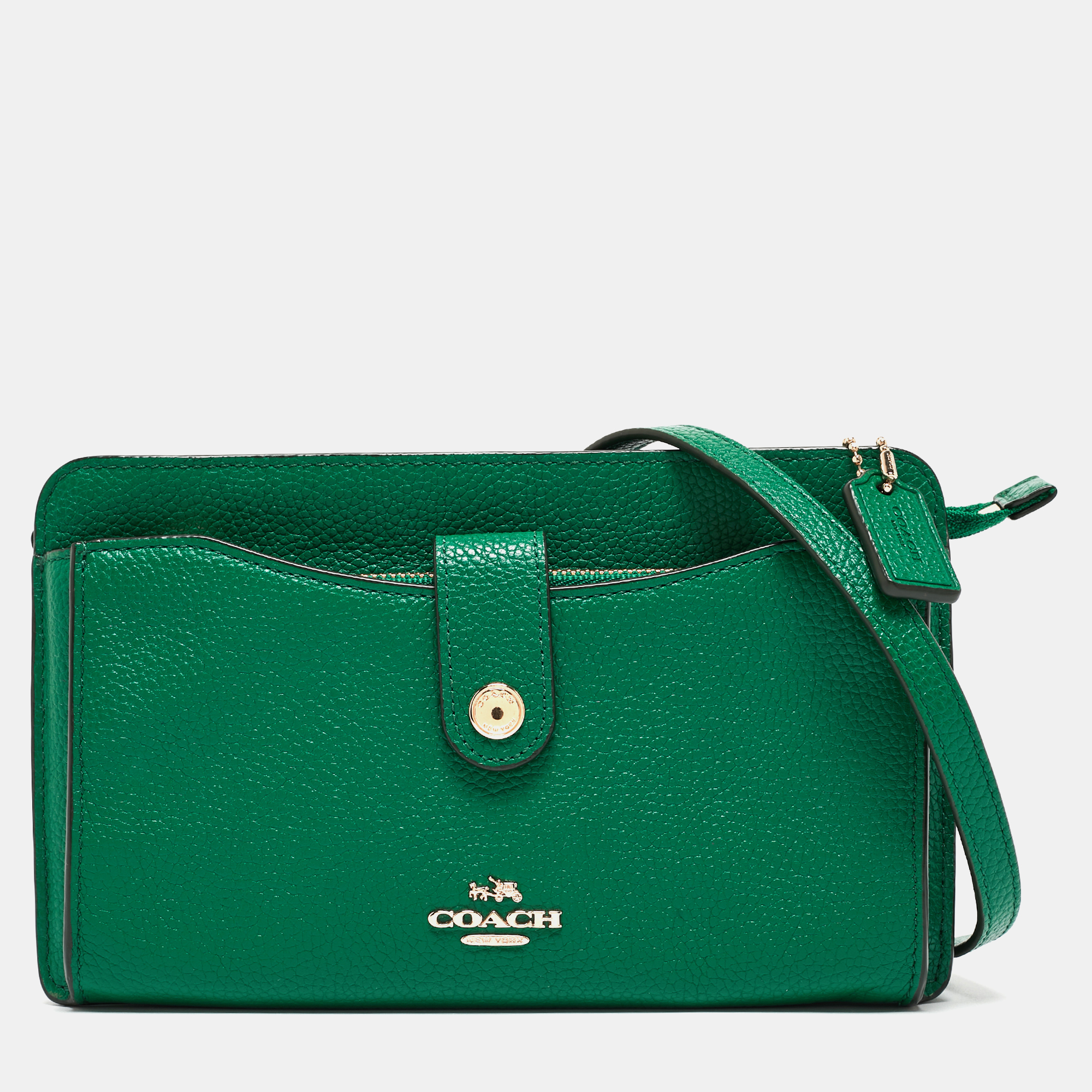 Pre Owned Coach Green Leather Noa Pop Up Wallet on Chain