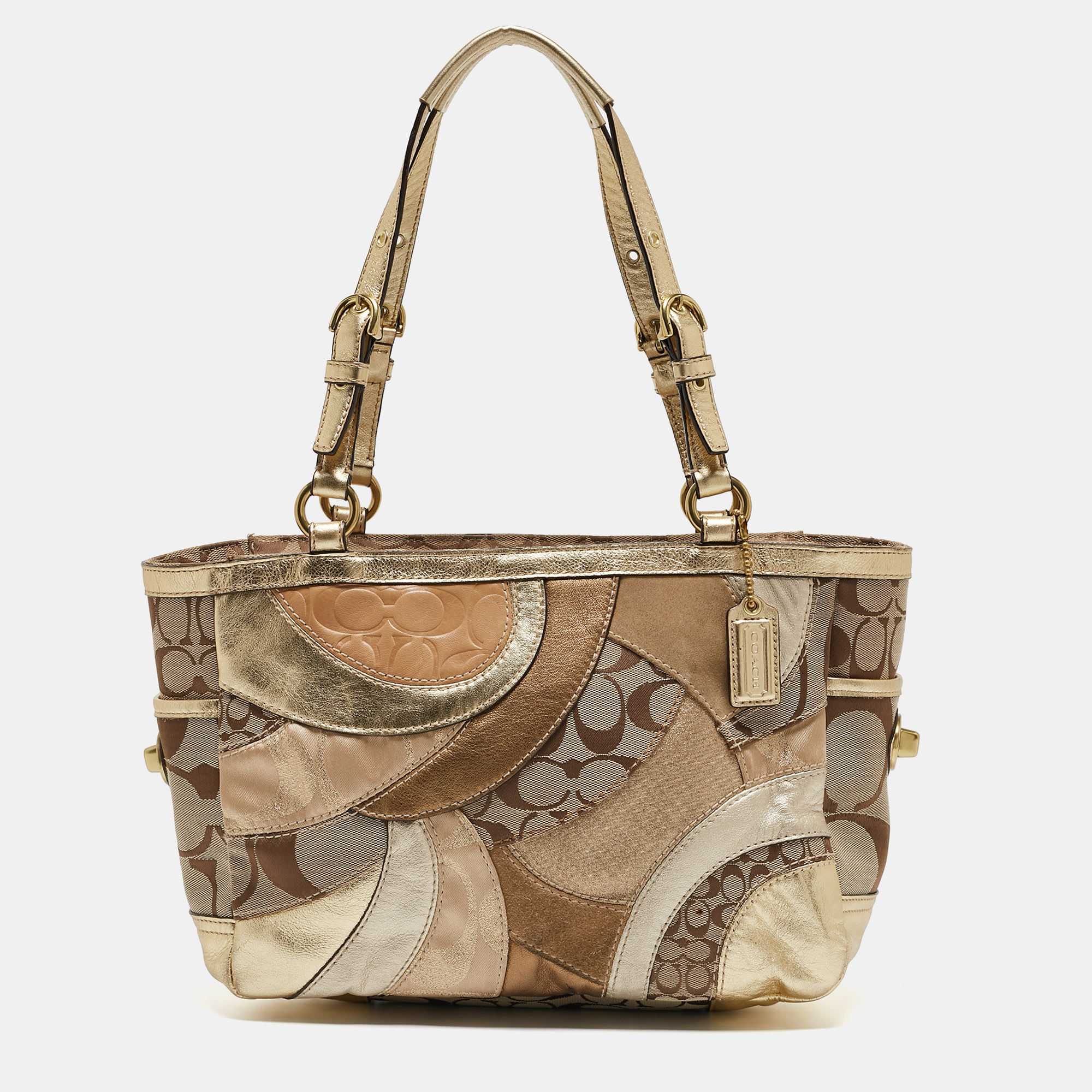Pre-owned Coach Gold/beige Signature Canvas Leather And Suede Patchwork Tote