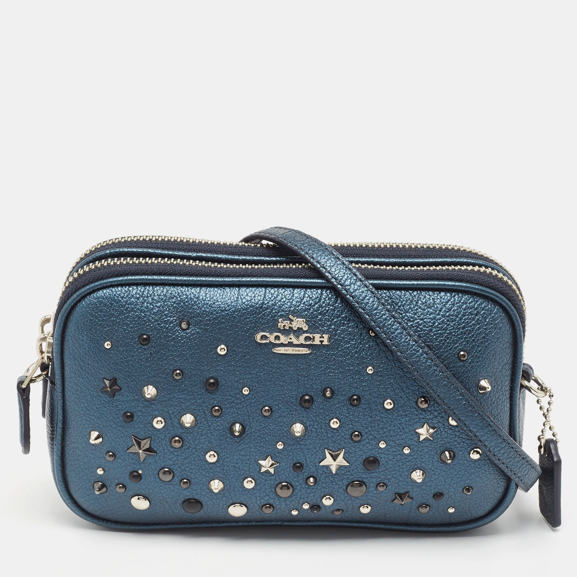 Pre-owned Coach Metallic Blue Leather Studded Double Zip Crossbody Bag