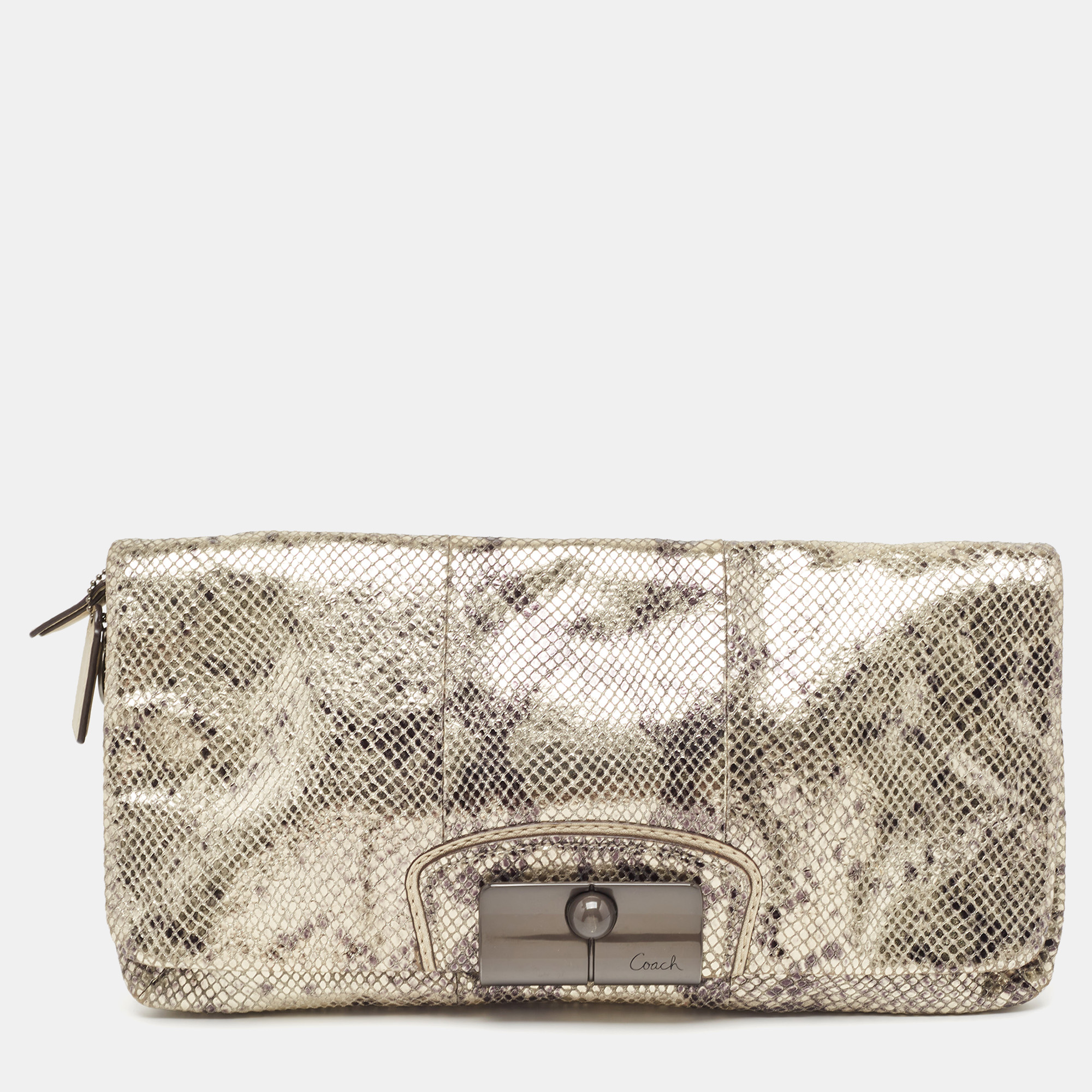 Pre-owned Coach Metallic Silver/black Python Embossed Leather Flap Clutch