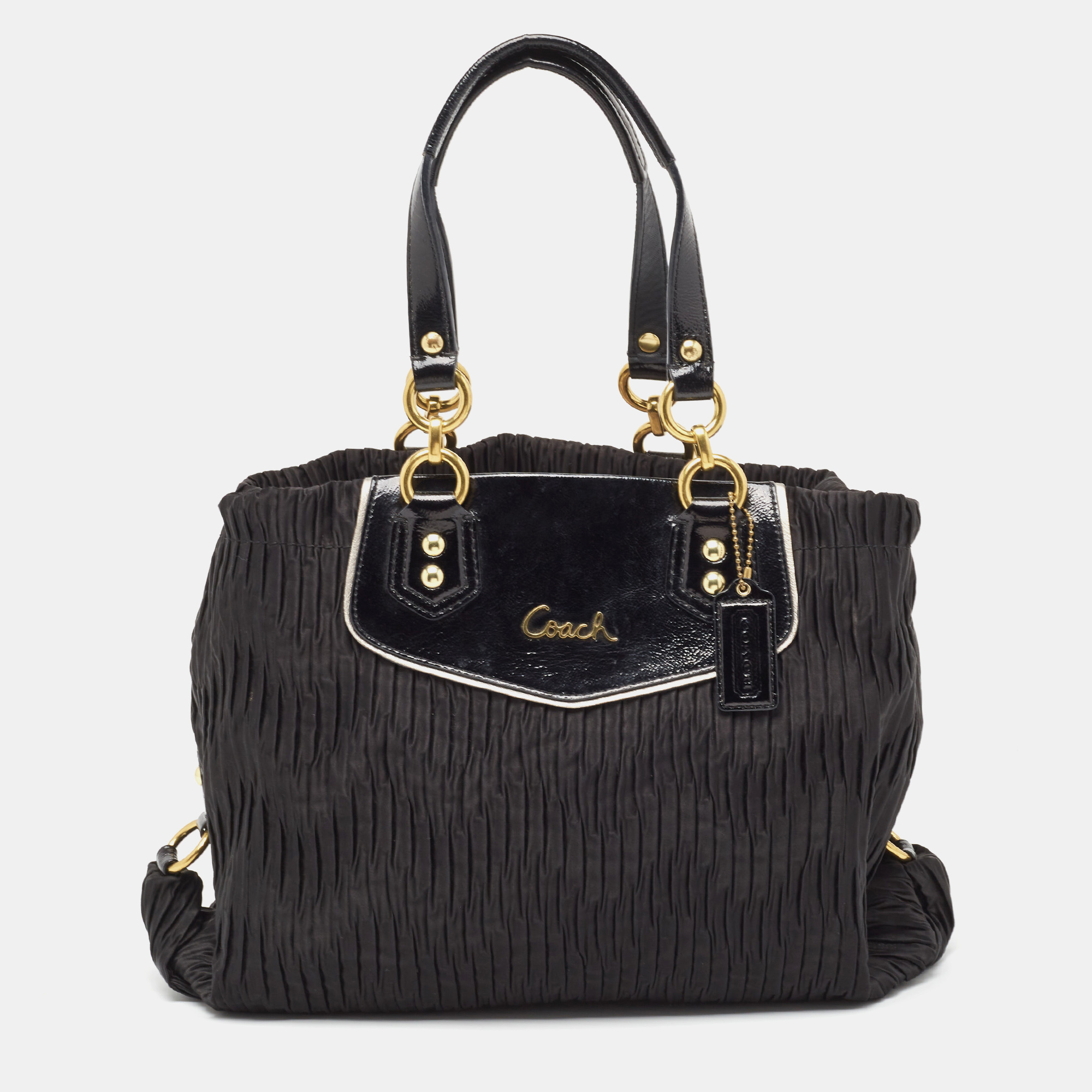 Pre-owned Coach Black Pleated Satin And Patent Leather Ashley Tote