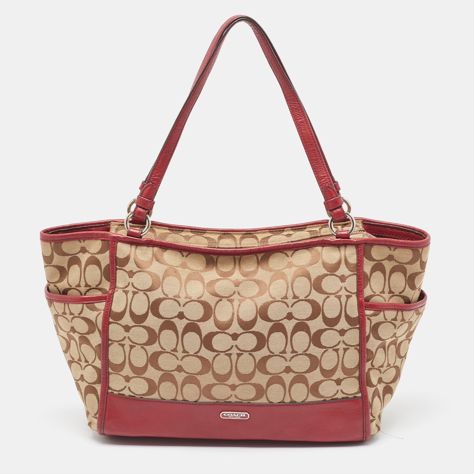 Pre-owned Coach Beige/burgundy Signature Canvas And Leather Carrie Tote