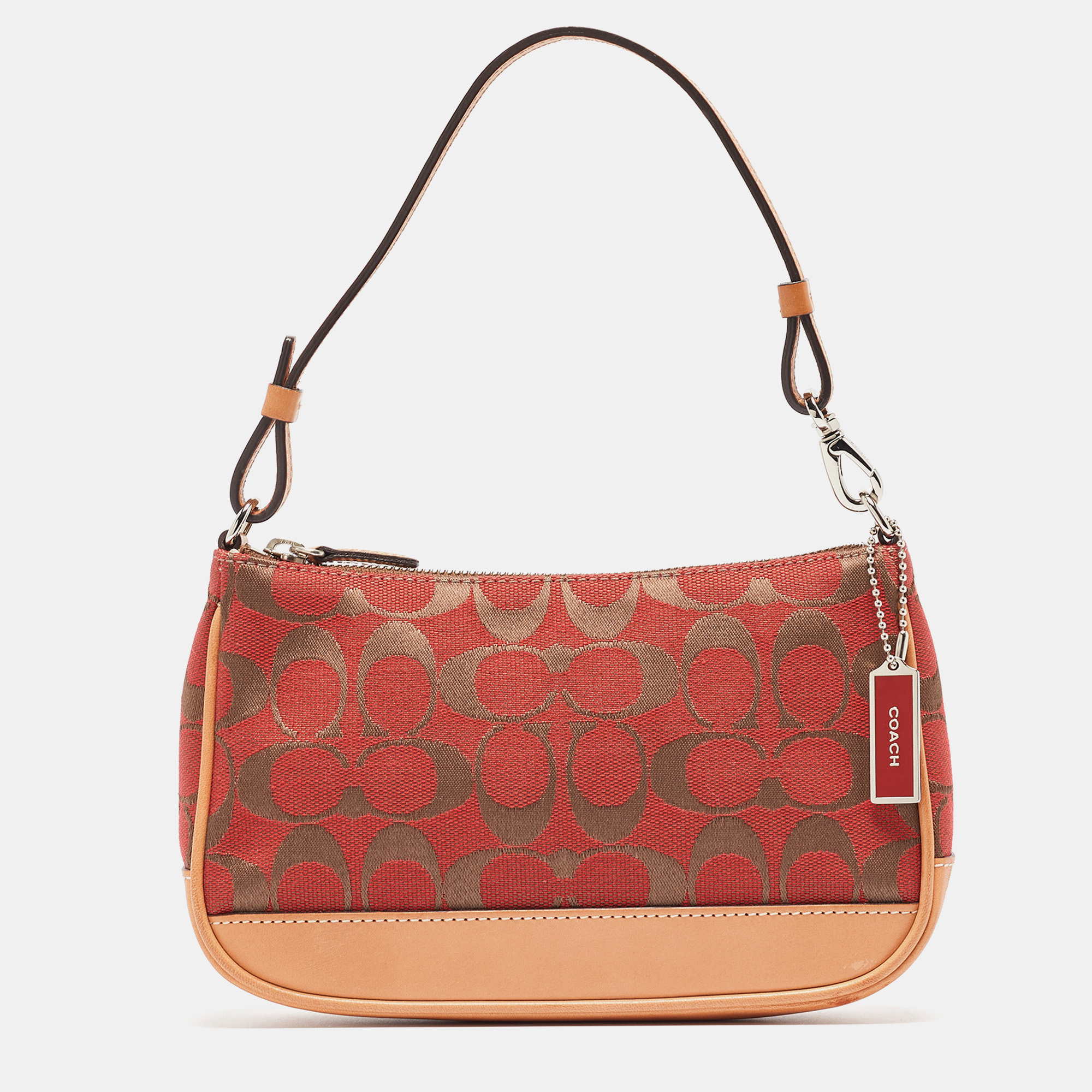 

Coach Red/Beige Signature Canvas and Leather Pochette Bag