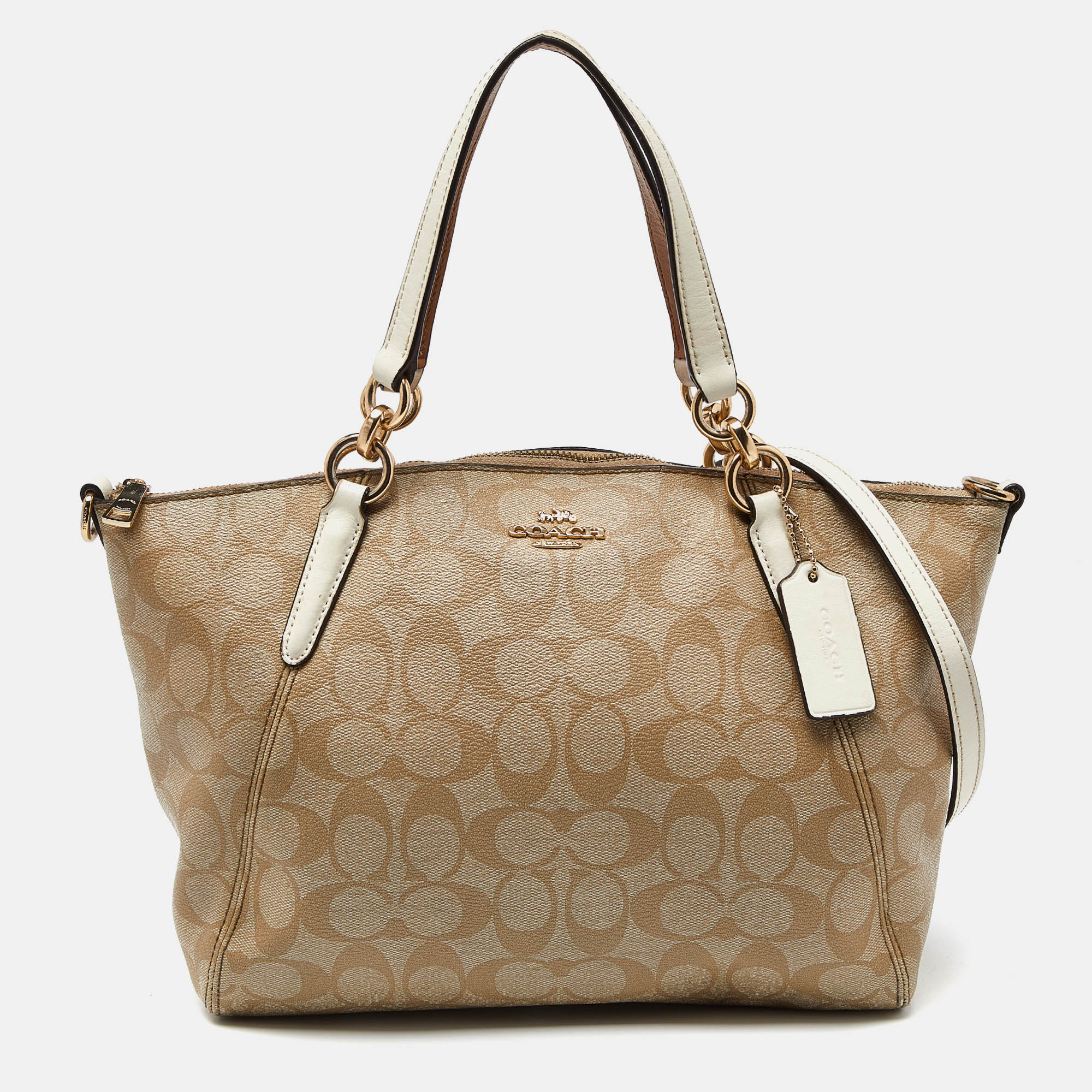 

Coach Tri Color Signature Coated Canvas and Leather Small Kelsey Satchel, Beige