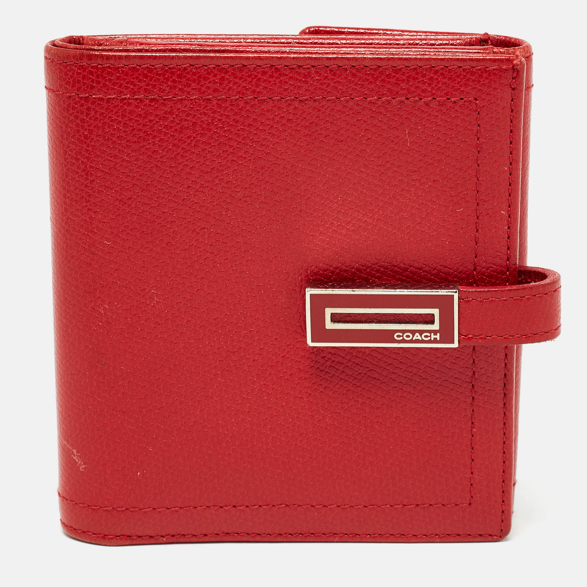 Pre-owned Coach Red Leather Metal Flap Compact Wallet