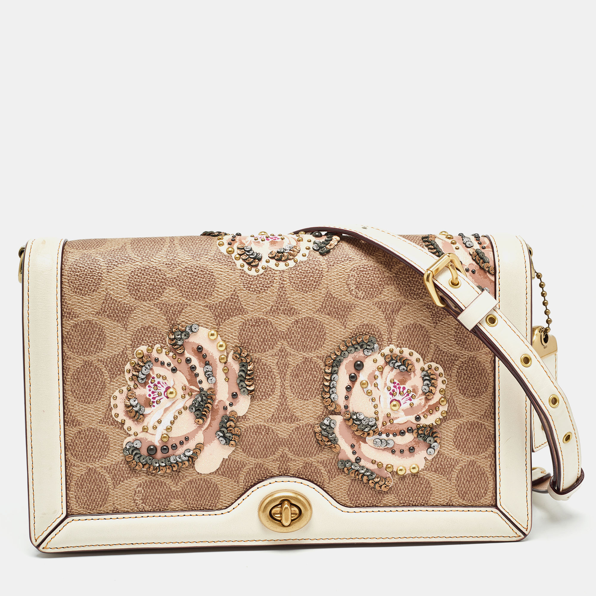 

Coach Beoge/Old Rose Signature Coated Canvas and Leather Rose Embellished Riley Crossbody Bag, Beige
