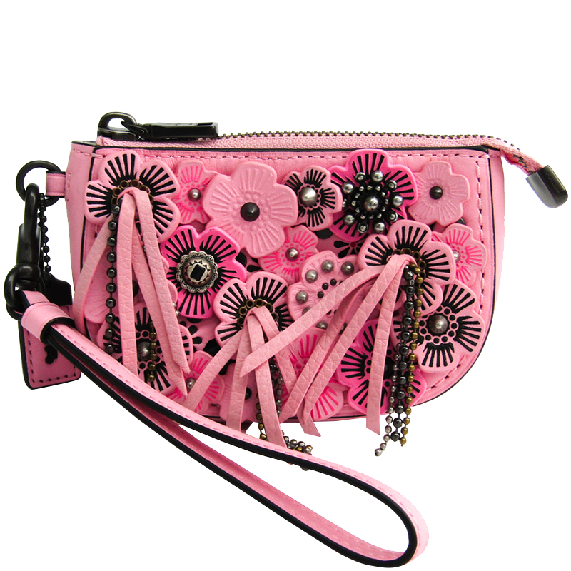 Coach Pink Leather Floral Wristlet Pouch Bag