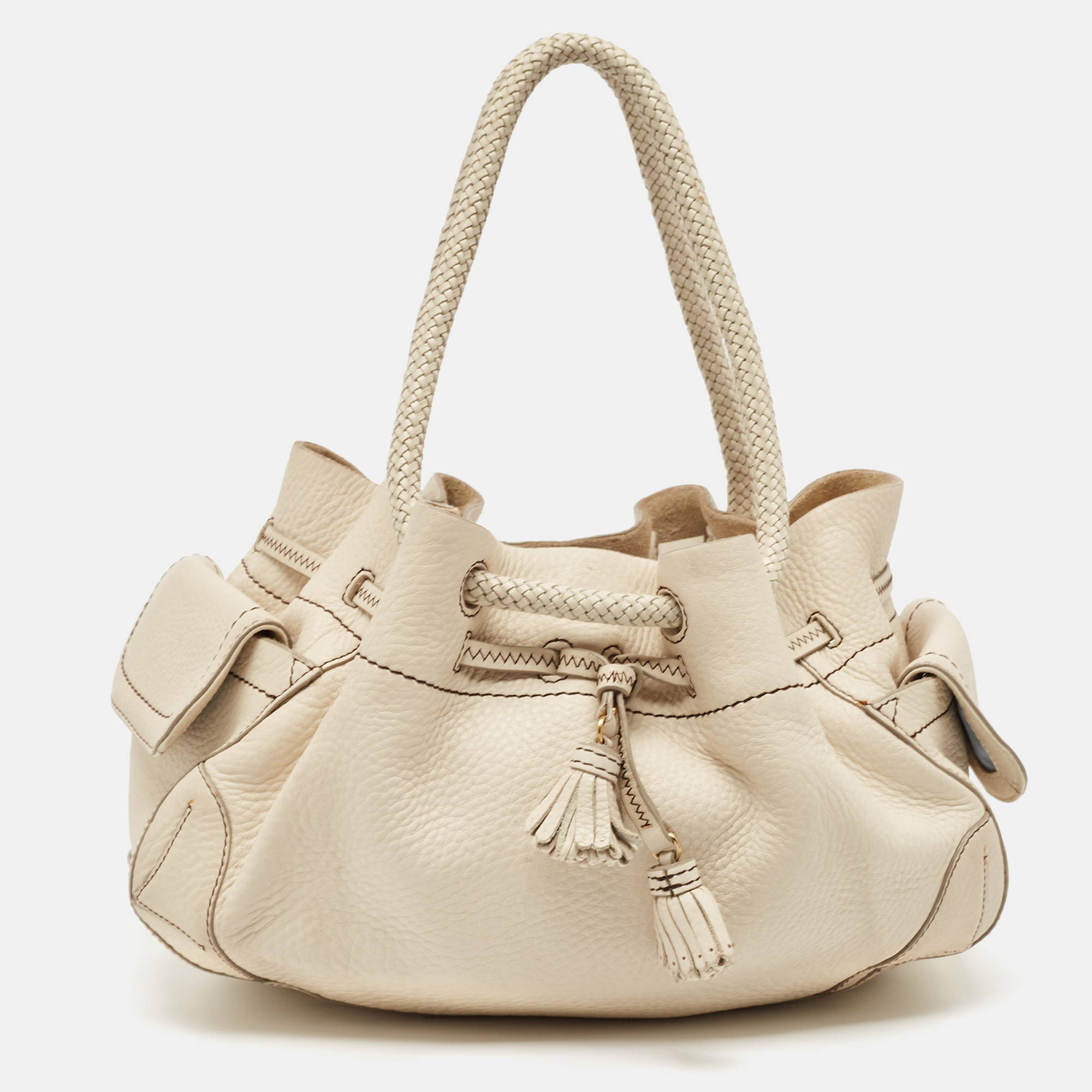 

Cole Haan Off White Leather Village Drawstring Shoulder Bag