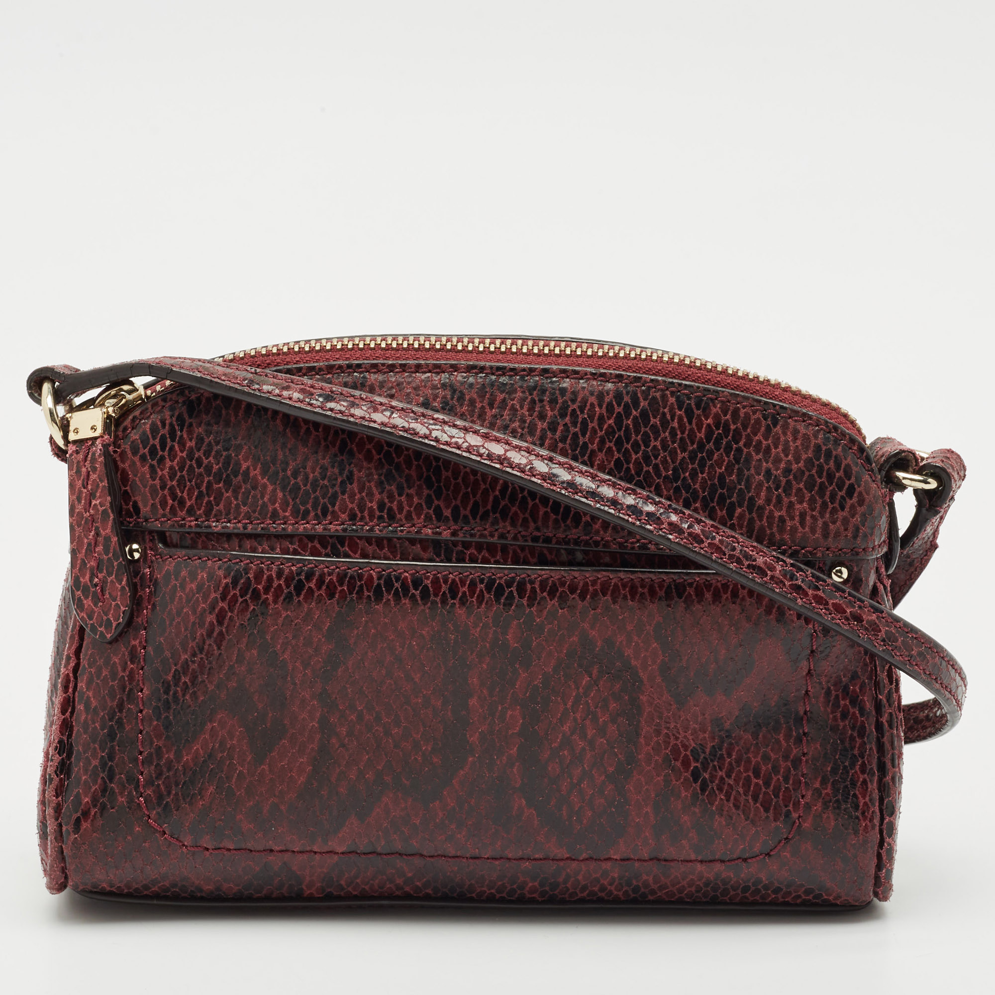 

Cole Haan Burgundy Snakeskin Embossed Leather Zip Crossbody Bag