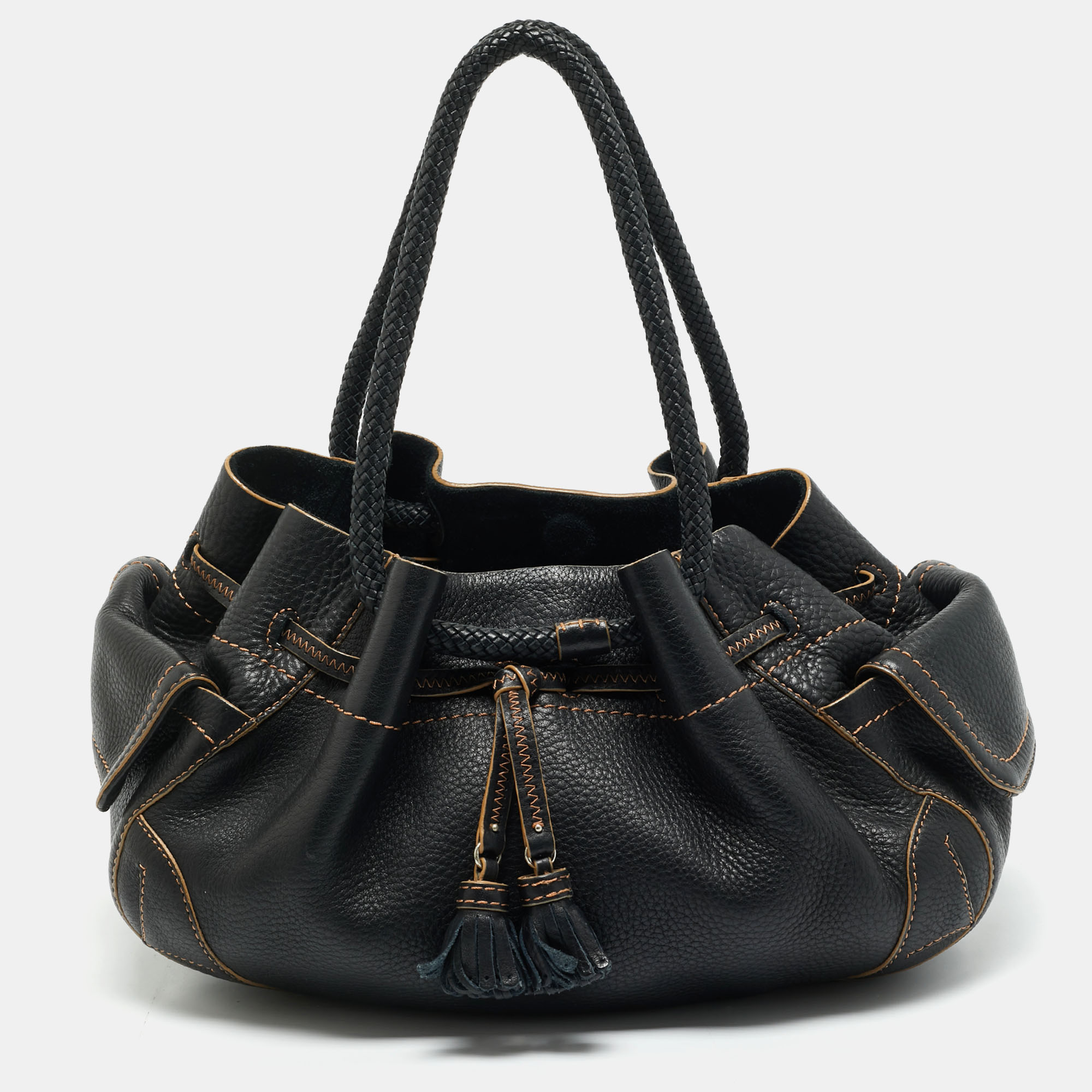 

Cole Haan Black Leather Drawstring Braided Handle Hobo