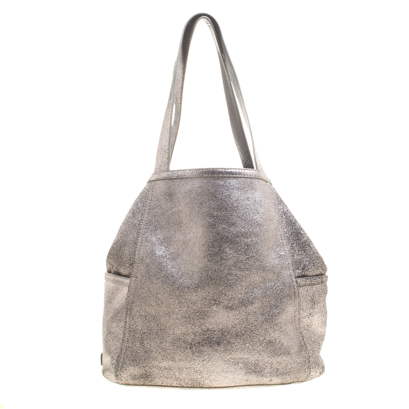 Cole Hann Metallic Grey Leather Reversible Tote