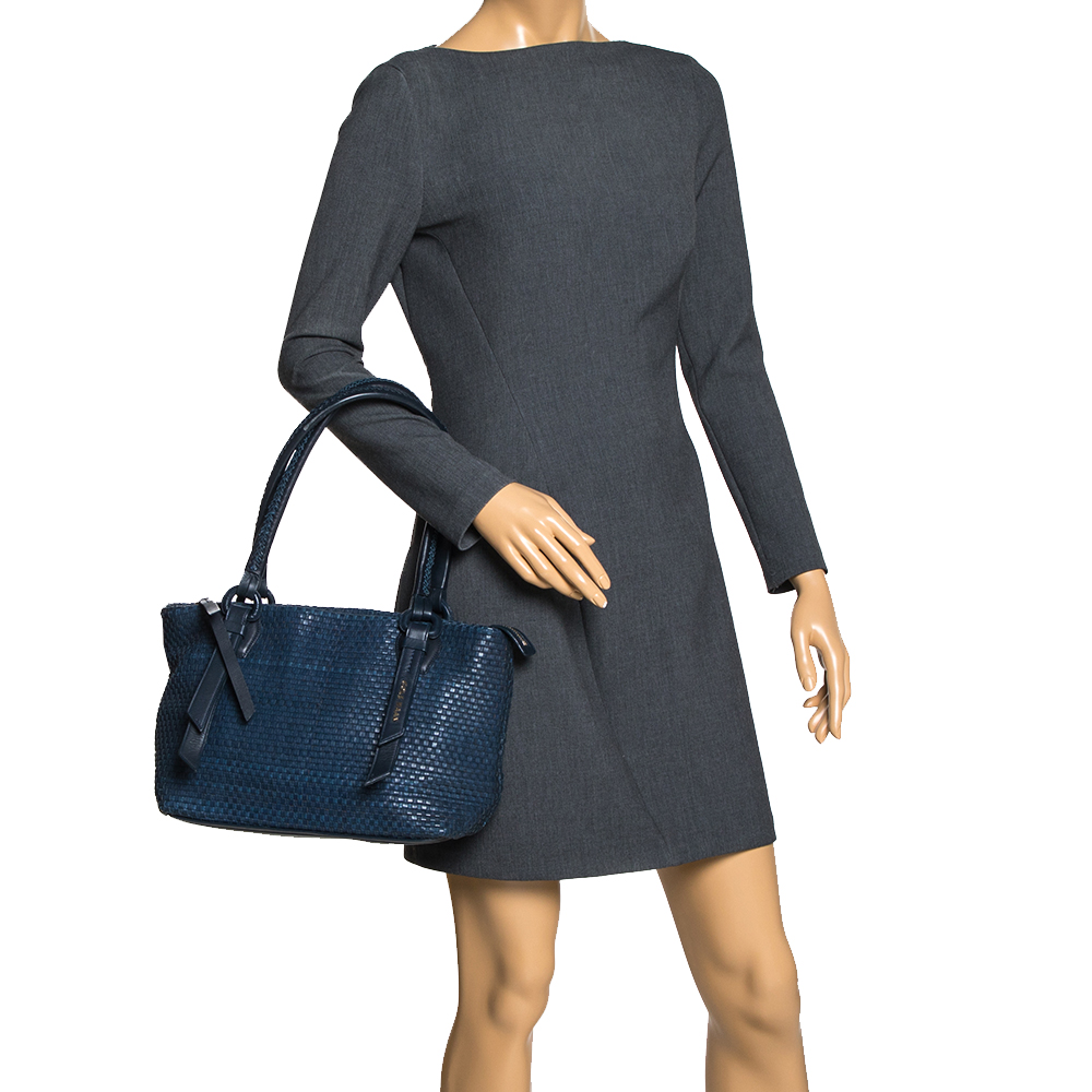 

Cole Haan Navy Blue Woven Leather Zip Tote