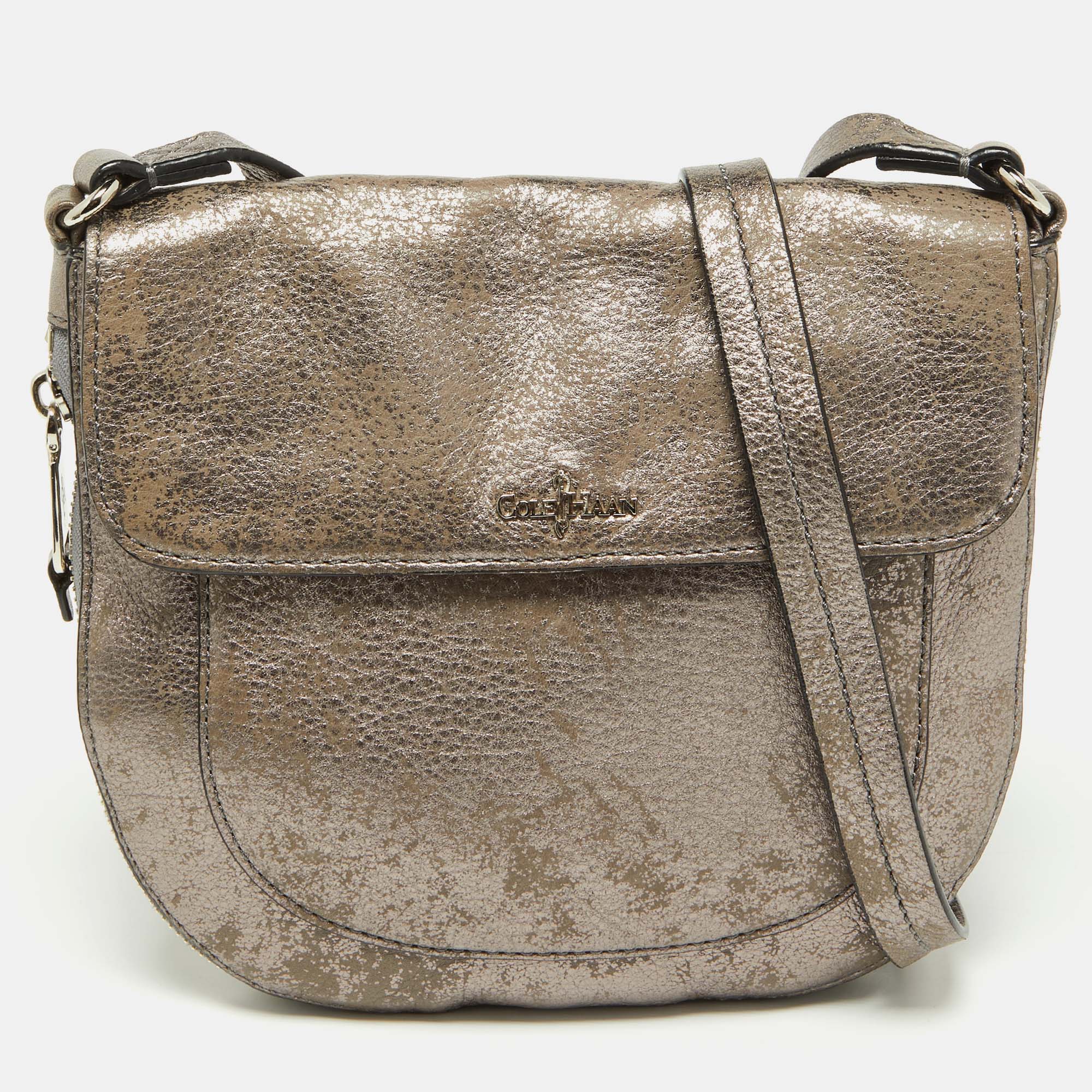Pre-owned Cole Haan Metallic Grey Leather Flap Zip Round Crossbody Bag
