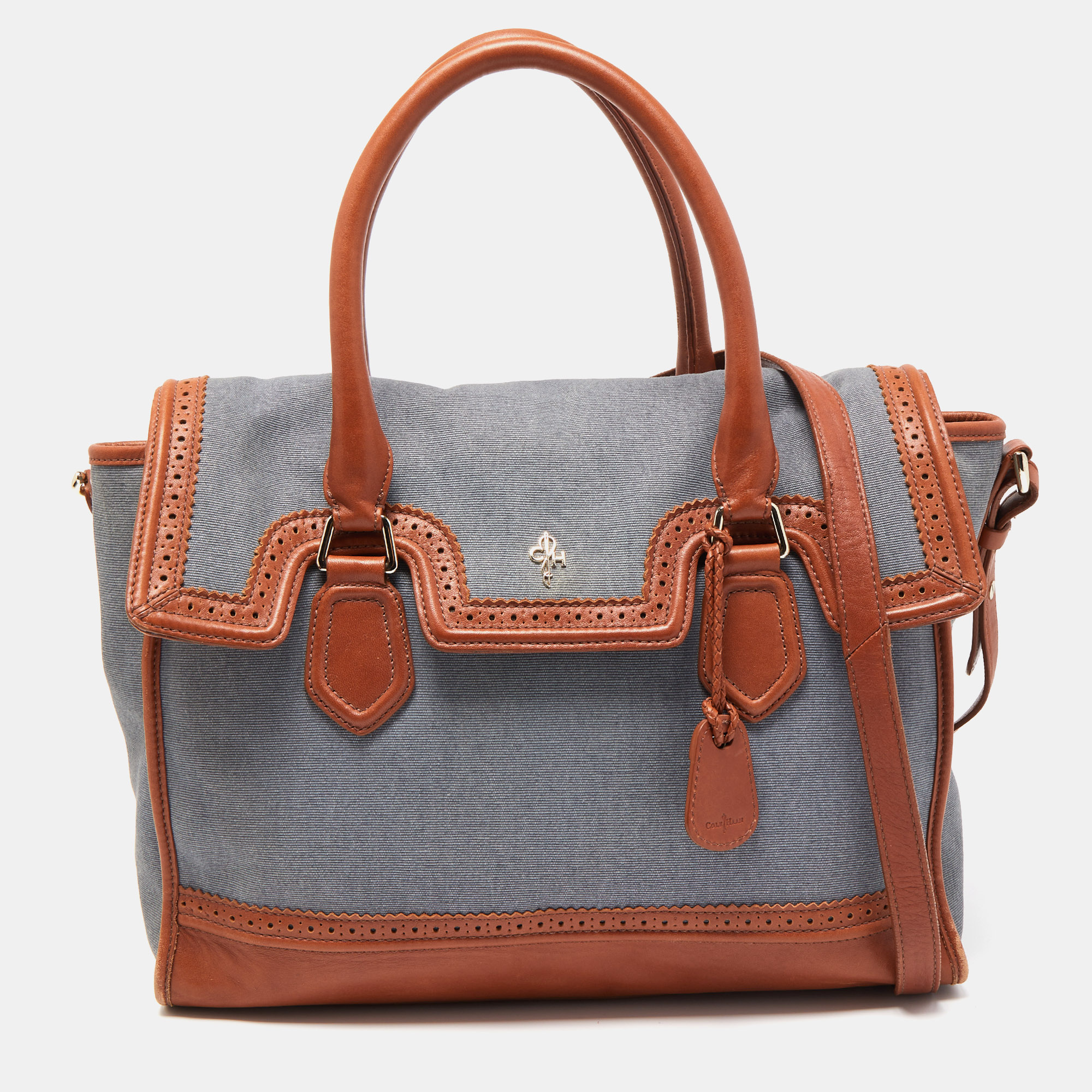 Pre-owned Cole Haan Blue/tan Denim And Leather Flap Brooke Tote