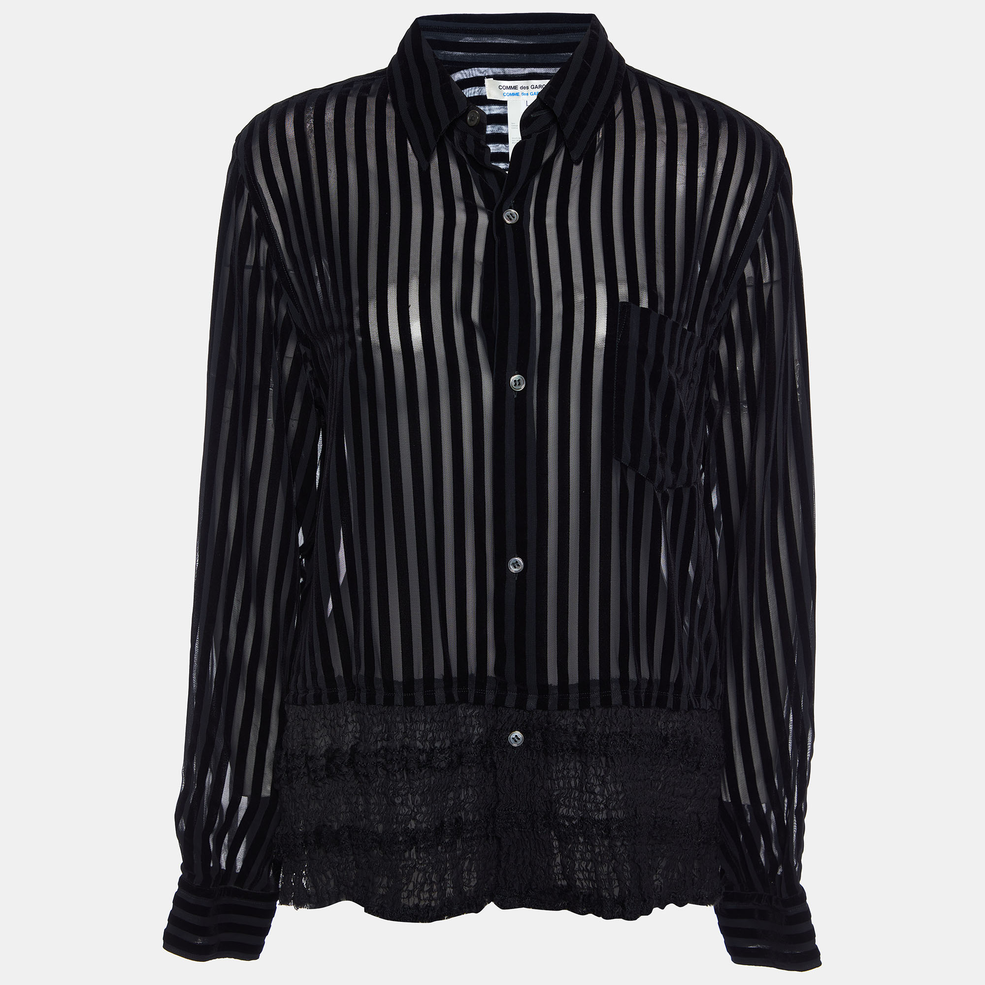 

Comme des Garçons Black Striped Velour & Smocked Hem Shirt