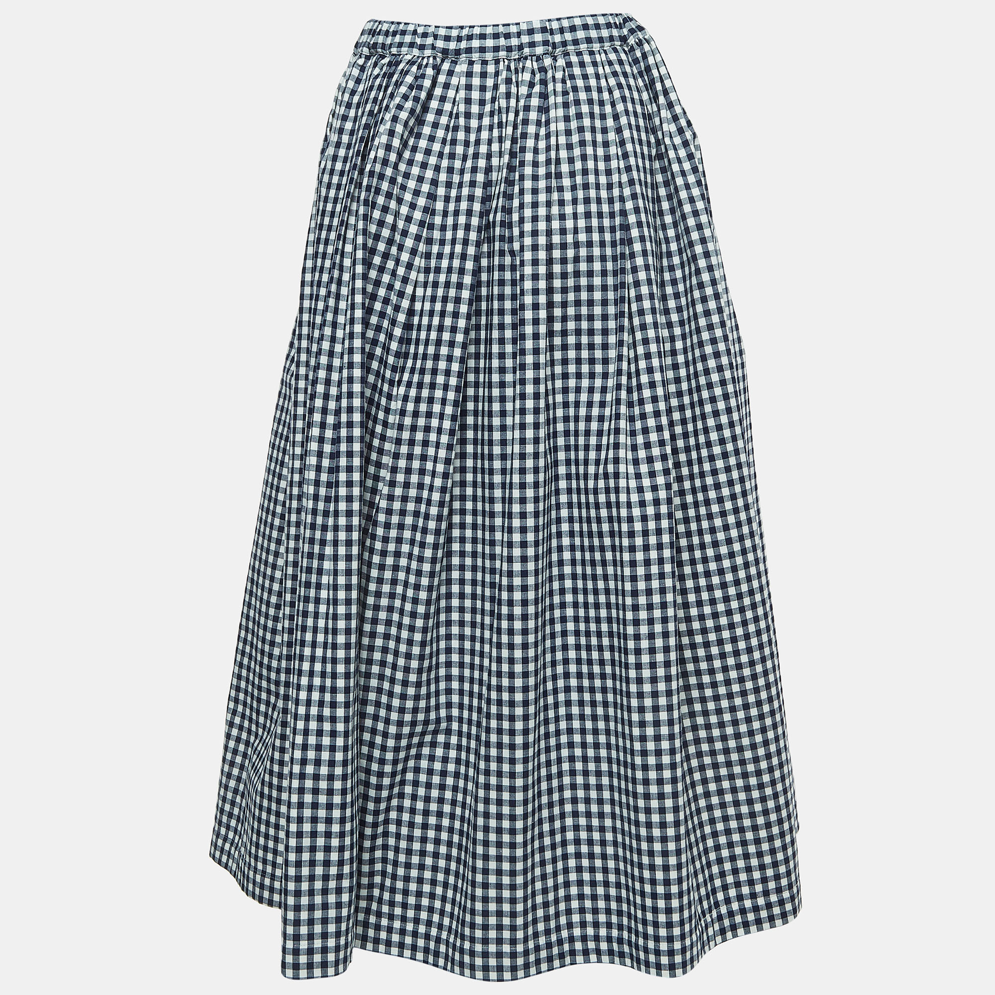 

Comme des Garcons Navy Blue Checked Cotton Drawstring Midi Skirt