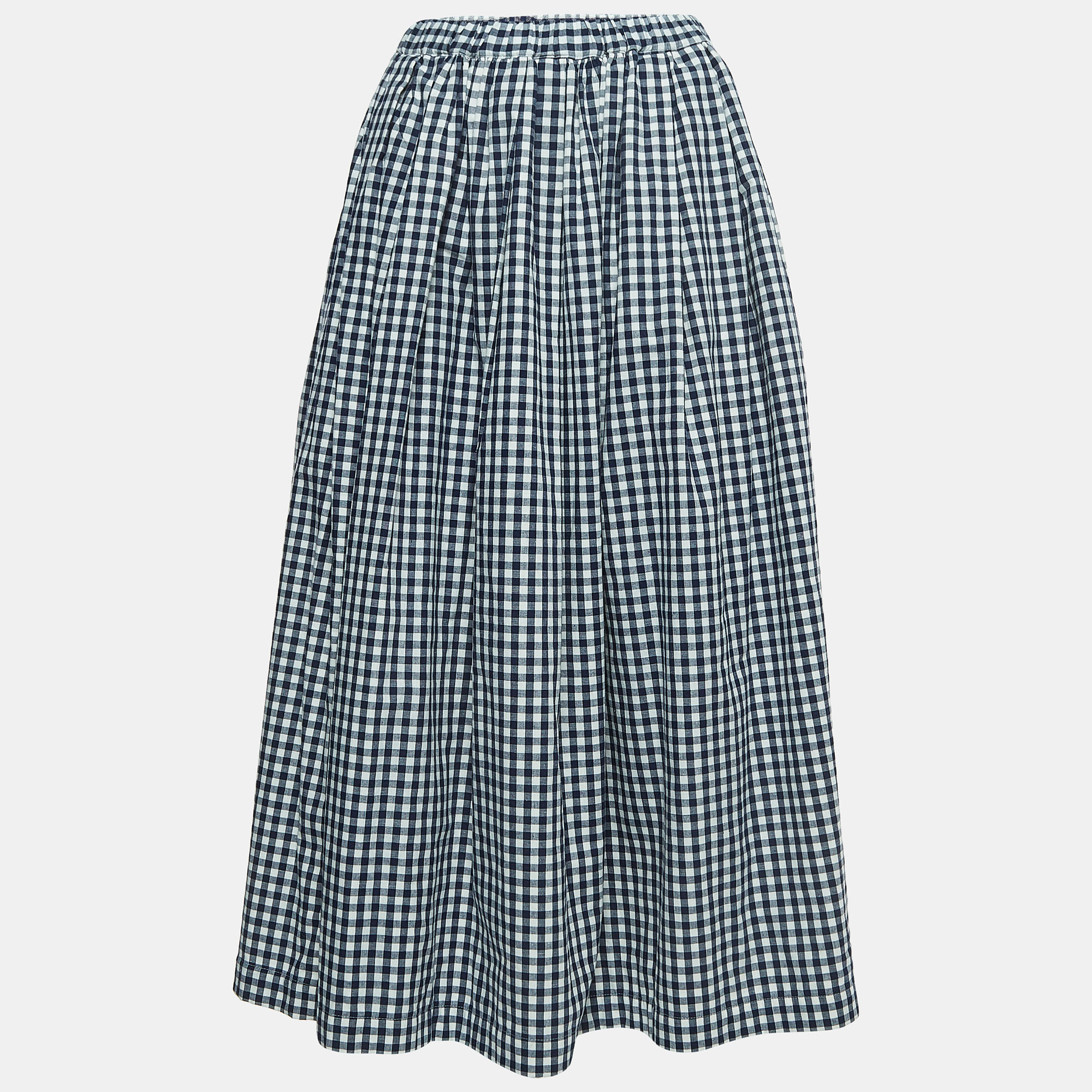 Navy Blue Checked Cotton Drawstring Midi Skirt