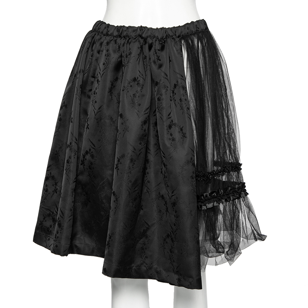 Black Mesh And Floral Embroidered Silk Ruffled Detailed Skirt