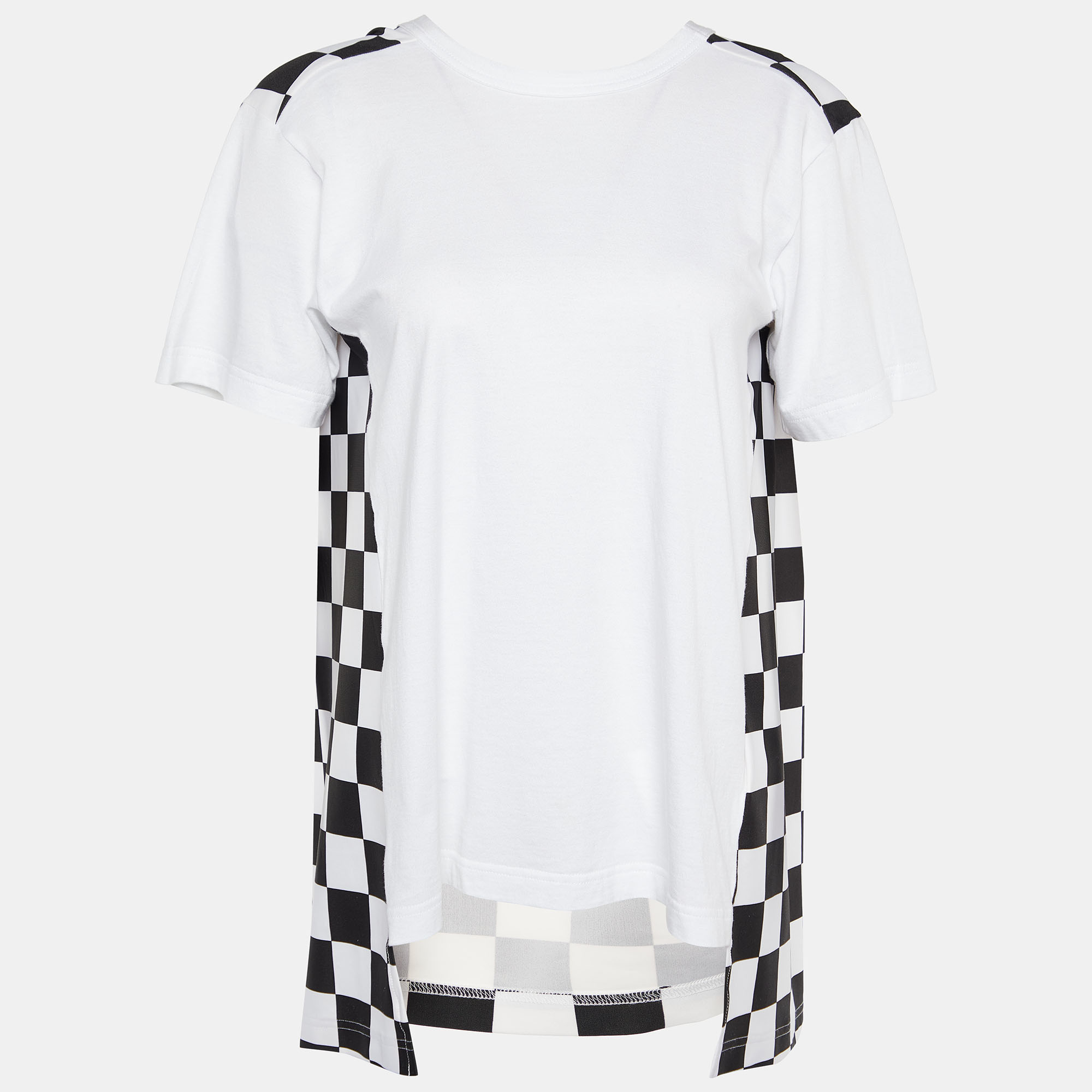 Cotton Knit Checkered Satin Asymmetric Hem T-Shirt