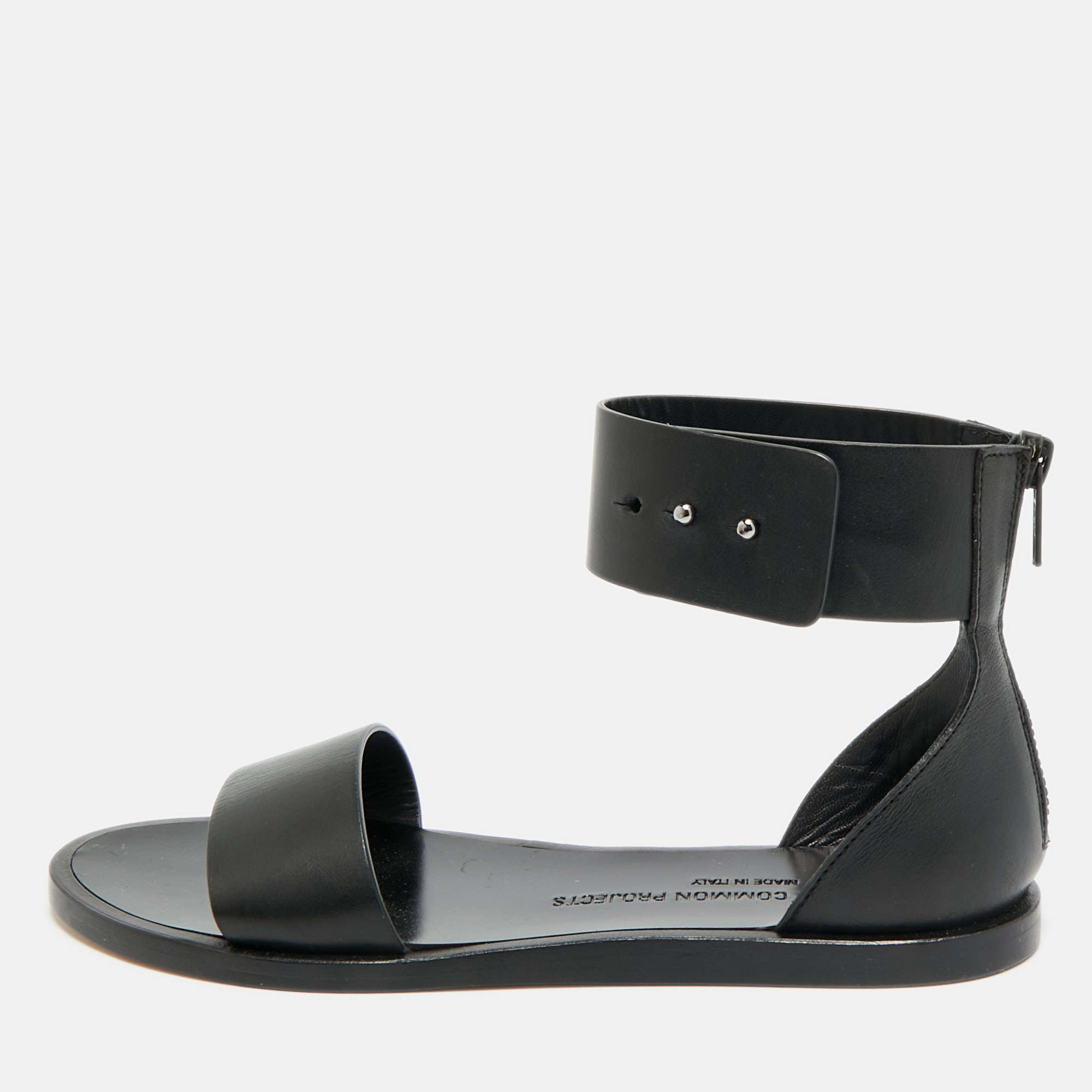 Pre-owned Common Projects Track Classic Size 37 Black Leather Ankle Strap Flat Sandals