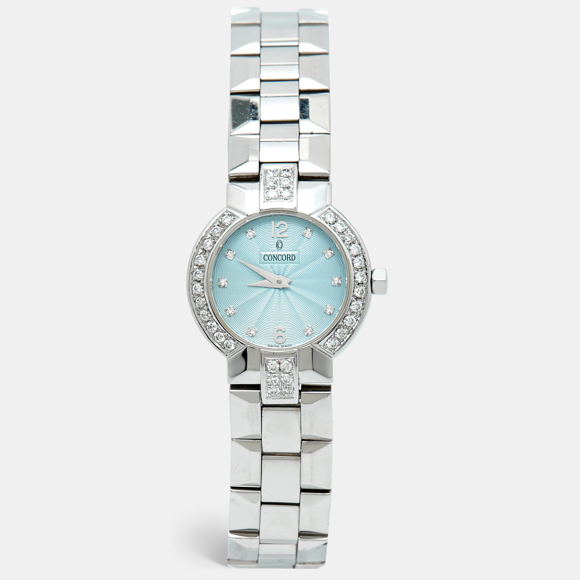 Pre-owned Concord La Scala 14.g4.1843 Powder Blue Dial Stainless Steel Diamond Women's Wristwatch 26 Mm In Silver