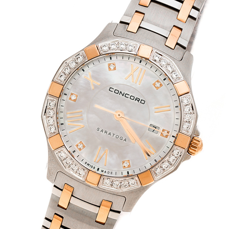

Concord Mother of Pearl Stainless Steel Rose Gold CVC Coated Diamonds Saratoga, Silver