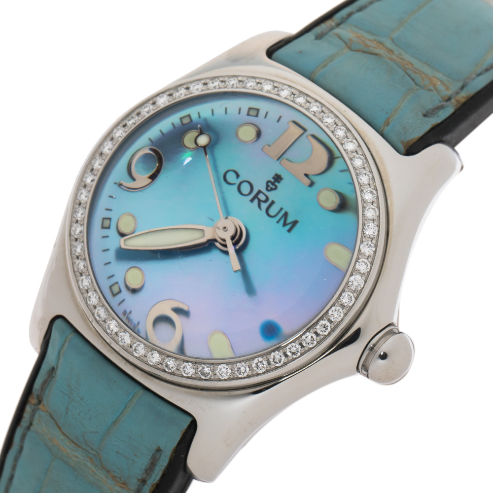 

Corum Blue Mother Of Pearl Stainless Steel Leather Bubble Mid-Size