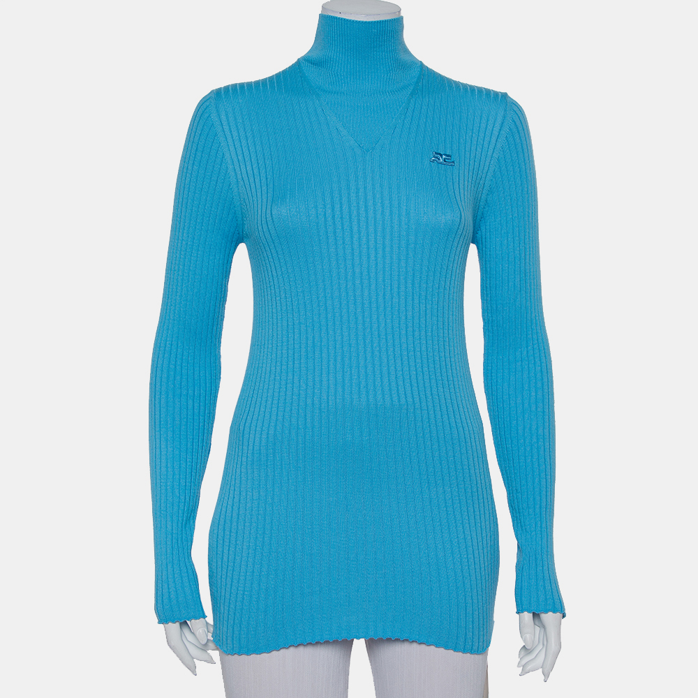Pre-owned Courreges Paris Blue Rib Knit Turtleneck Sweater M