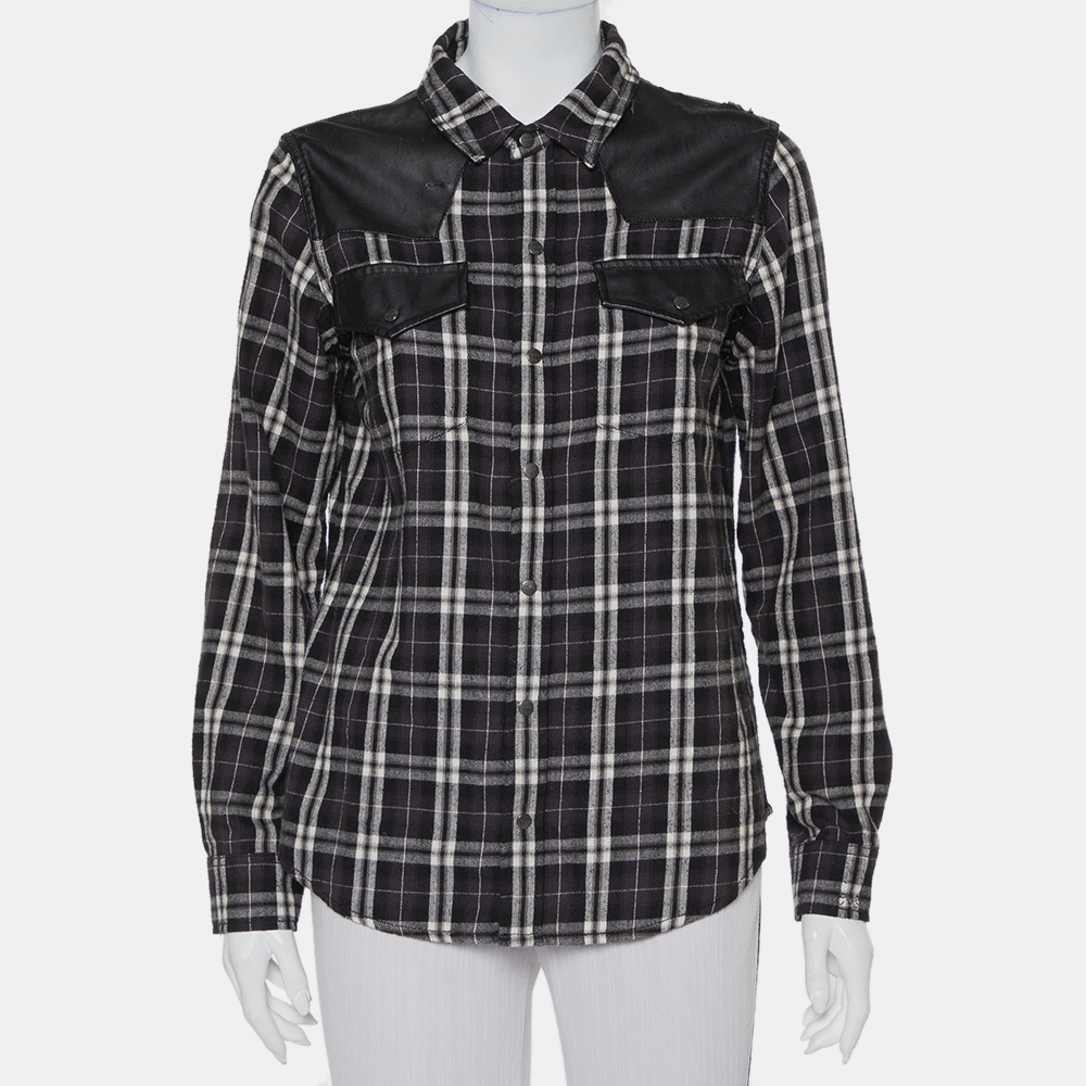 

Current/Elliott Monochrome Checkered Cotton Faux Leather Detail Button Front Shirt S, Black