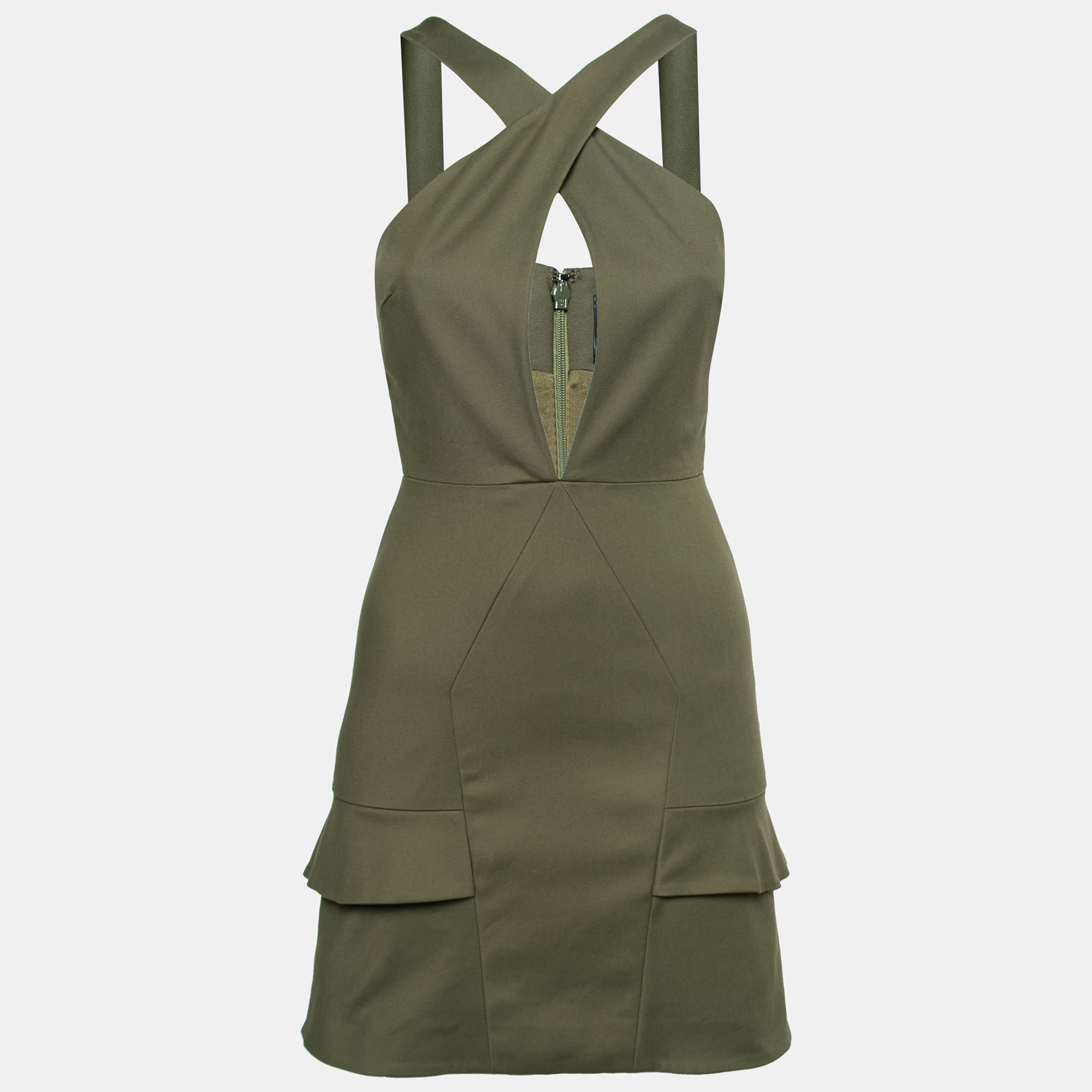 

Cushnie Et Ochs Safari Green Stretch Cotton Keyhole Detail Mini Dress