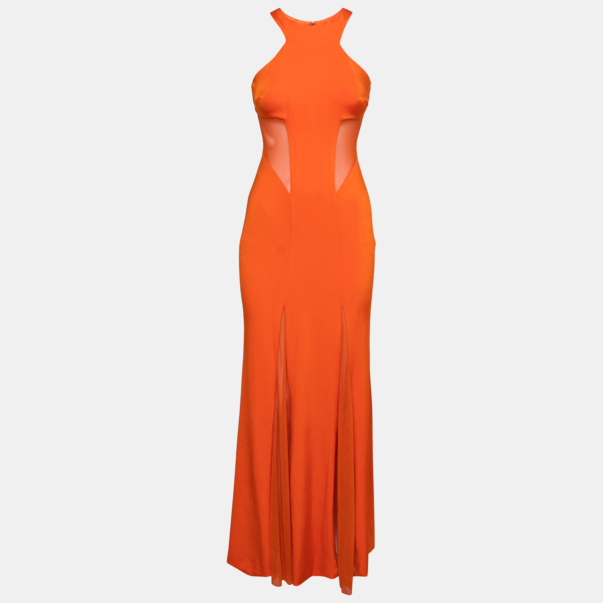 

Cushnie Et Ochs Tangerine Orange Stretch Satin Jersey Mesh Paneled Gown