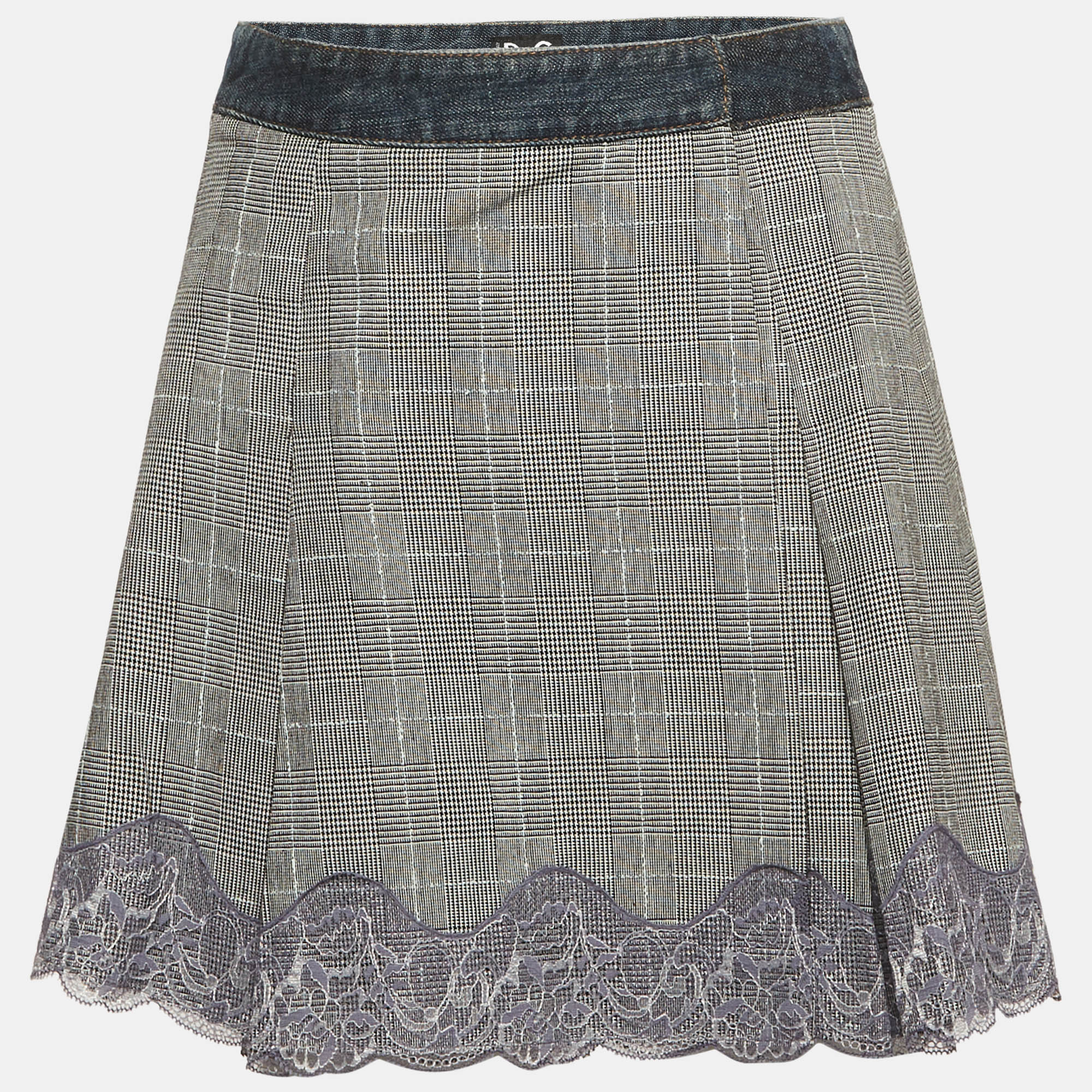 

D&G Blue/Monochrome Plaid Denim Lace Detail Wrap Skirt S, Black