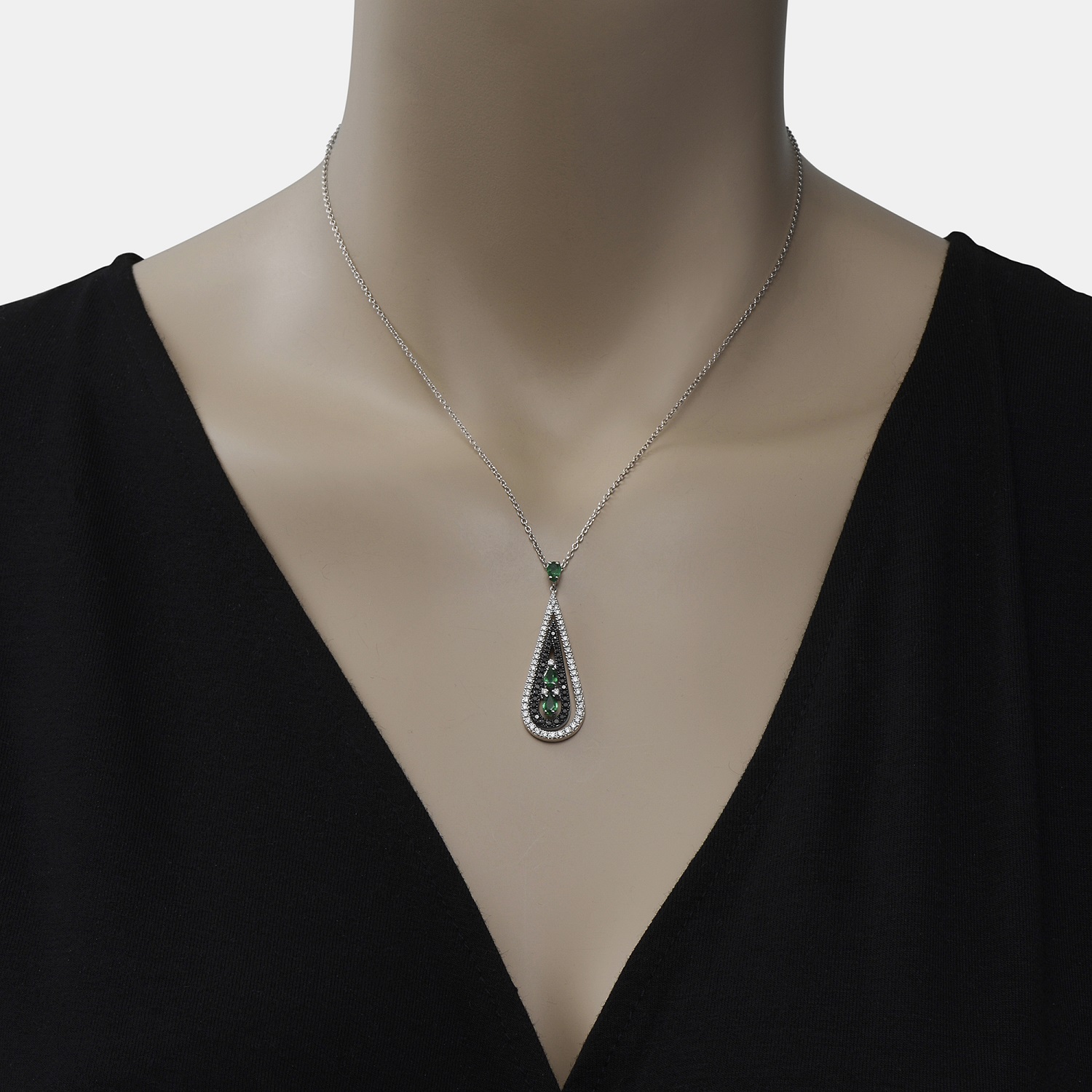 

Damiani 18K White Gold, Black and White Diamond 0.85ct. tw. with Emerald 0.50ct. tw. Drop Pendant Necklace