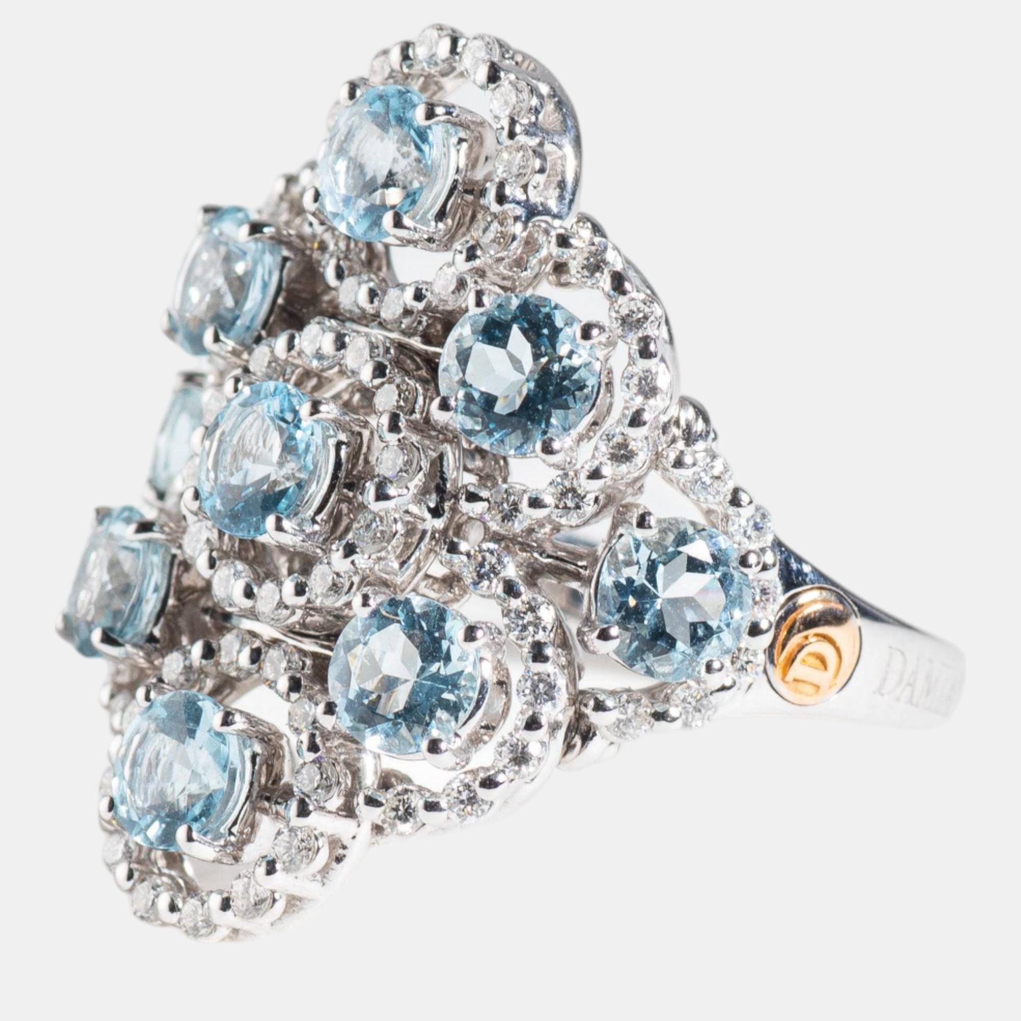 Pre-owned Damiani 18k White Gold Aquamarine And Diamond 0.80ct. Tw. Statement Ring Sz. 7.25