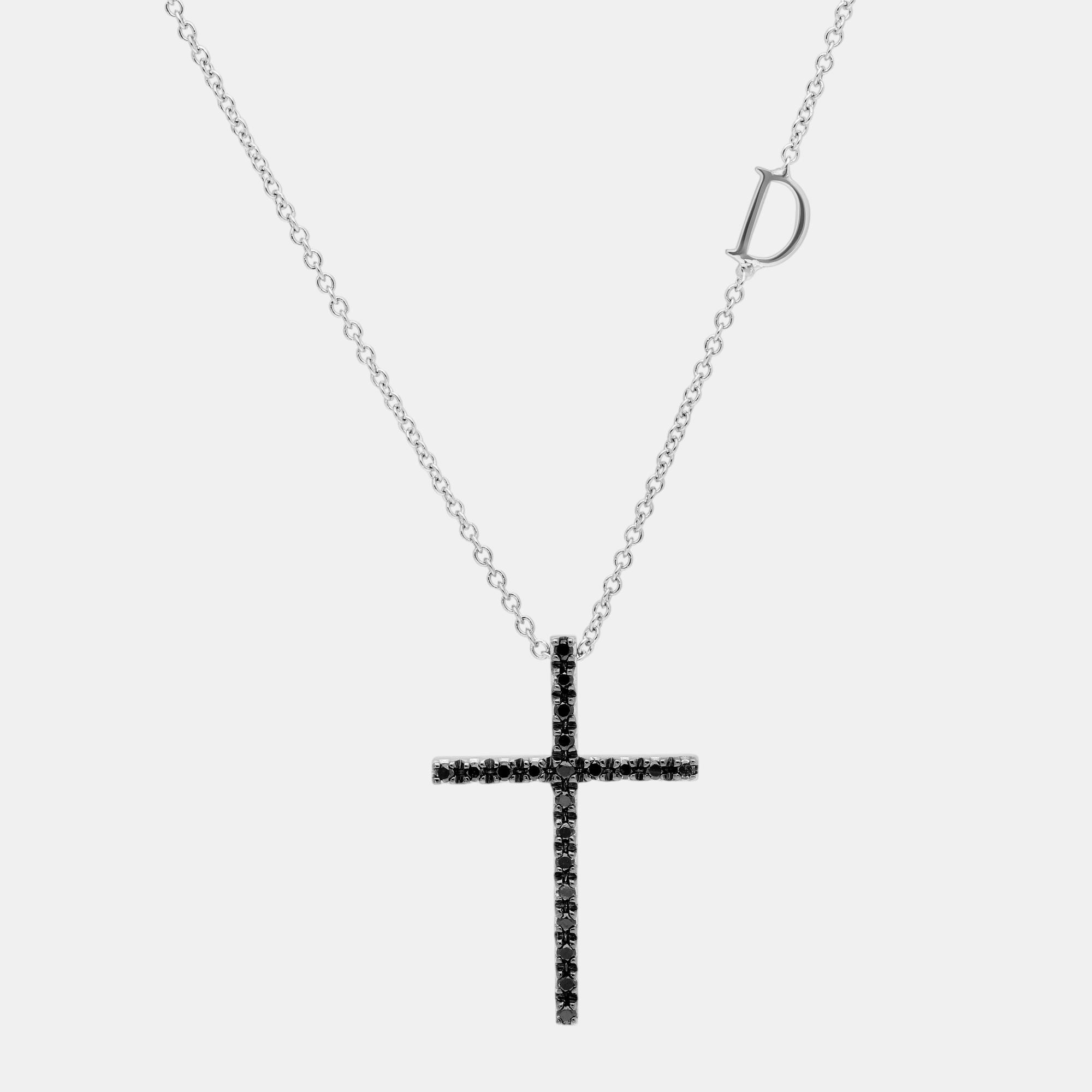 Pre-owned Damiani 18k White Gold Black Diamond Cross Pendant Necklace