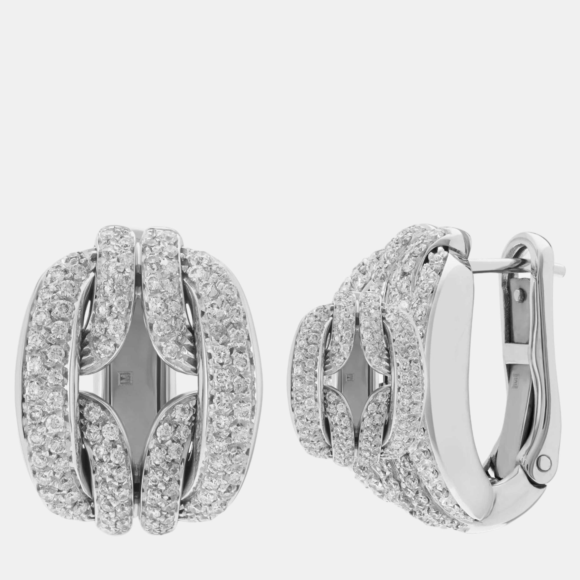 Pre-owned Damiani D Lace 18k White Gold Diamond 1.17ct. Tw. Huggie Earrings