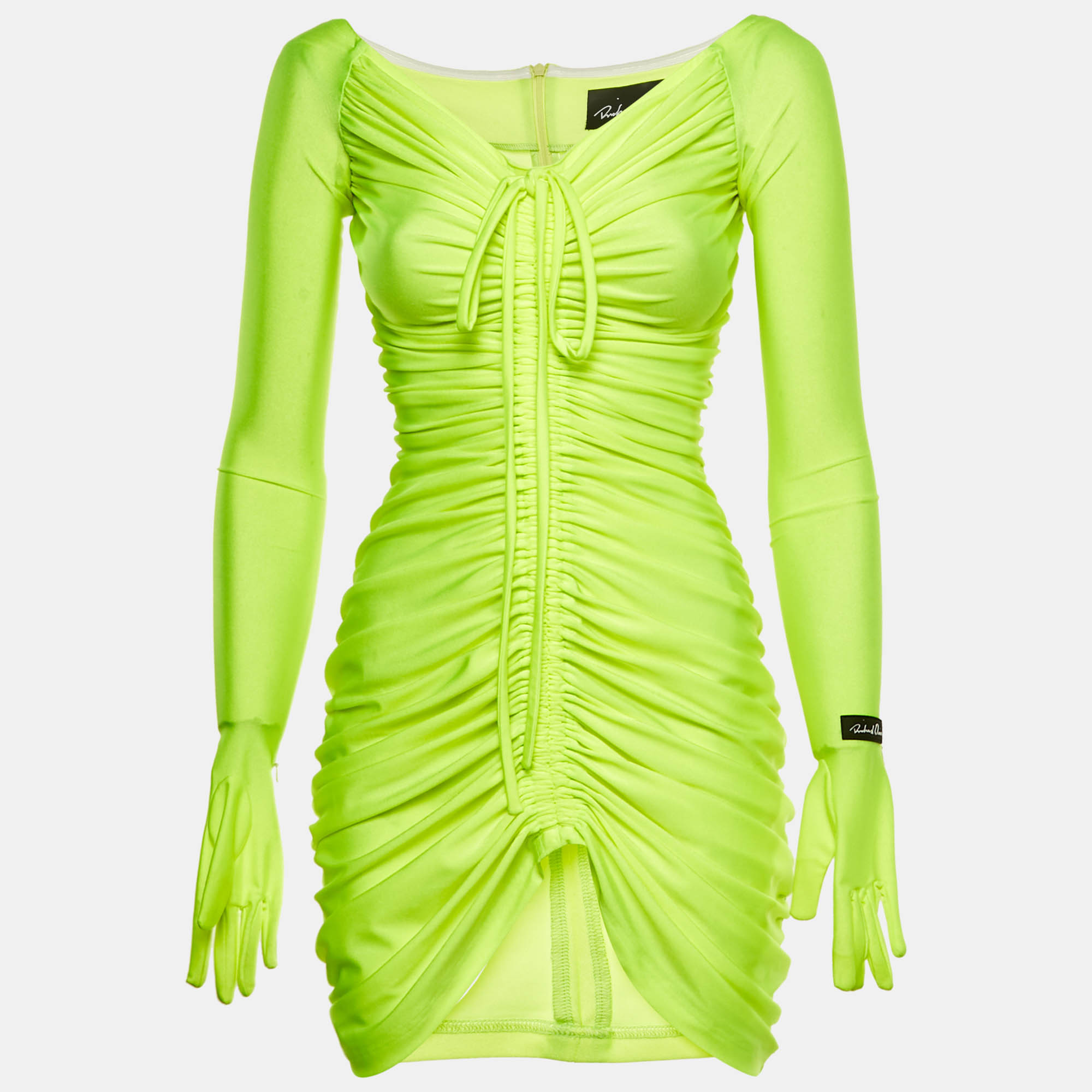 

Richard Quinn Neon Green Jersey Glove Detail Ruched Mini Dress S