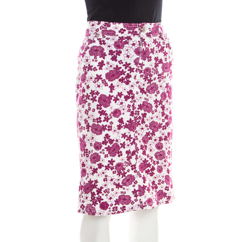 

D&G White and Pink Floral Printed Stretch Cotton Skirt M
