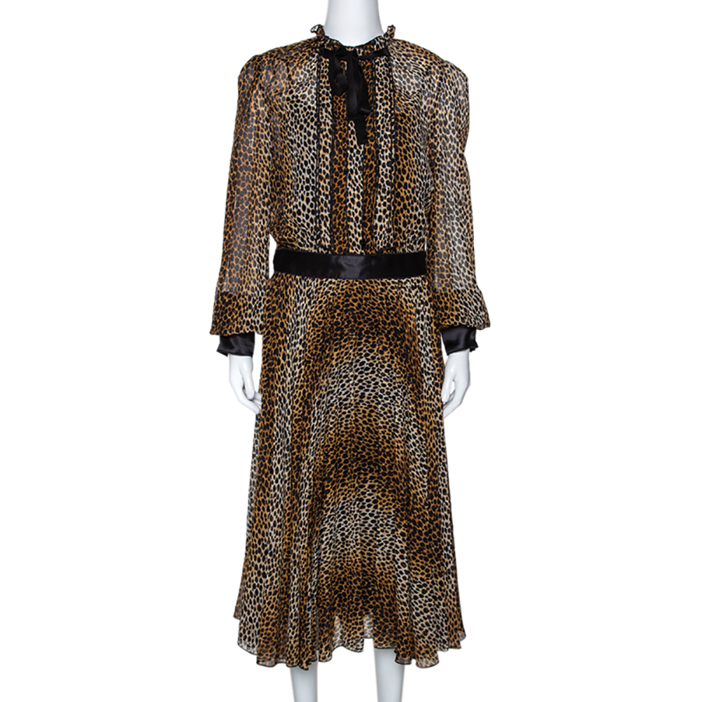 D&G Brown Leopard Print Silk Long Sleeve Midi Dress L