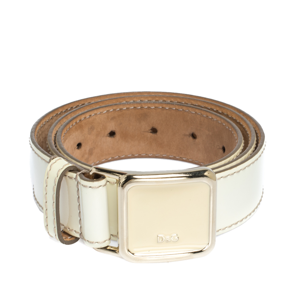 

D&G Ivory Patent Leather Square Logo Buckle Belt, White