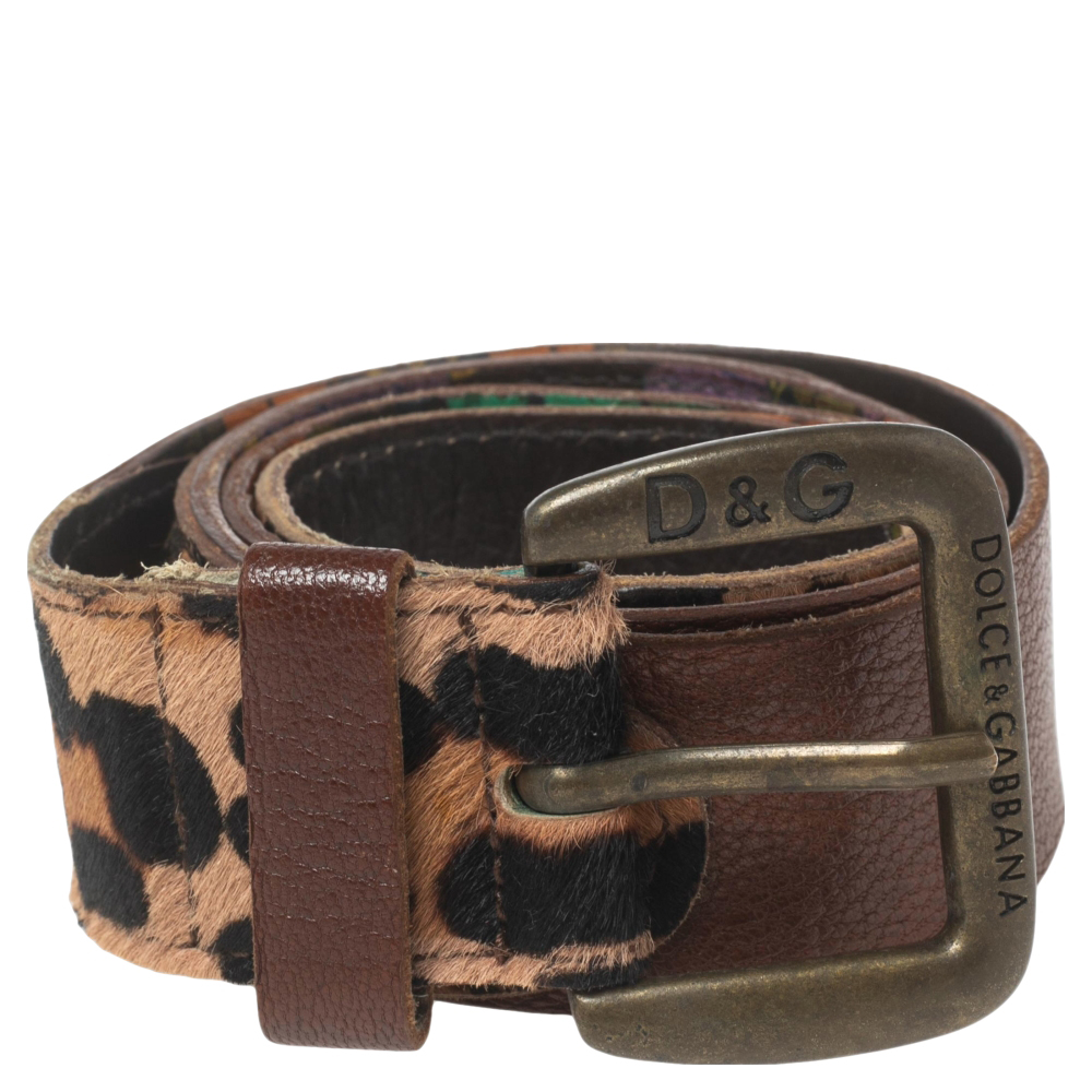 

D&G Brown Leopard Print Calf Hair and Leather Buckle Belt