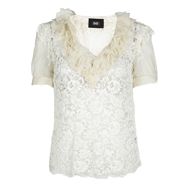 Pre Owned D&G Cream Lace Ruffle Trim Blouse M