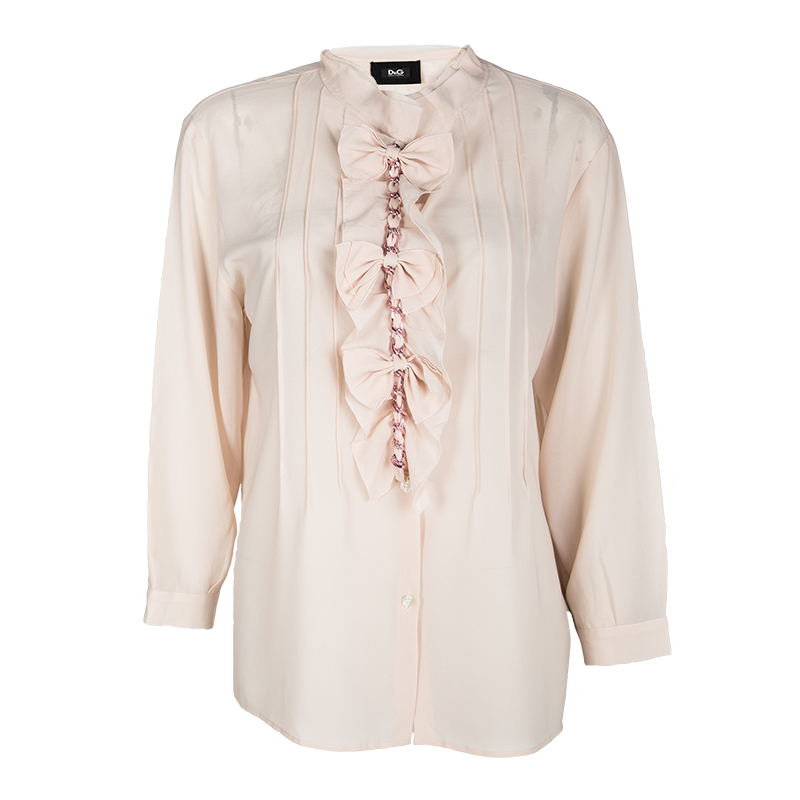 D&G Blush Pink Bow Ruffle Detail Chain Embellished Long Sleeve Blouse M